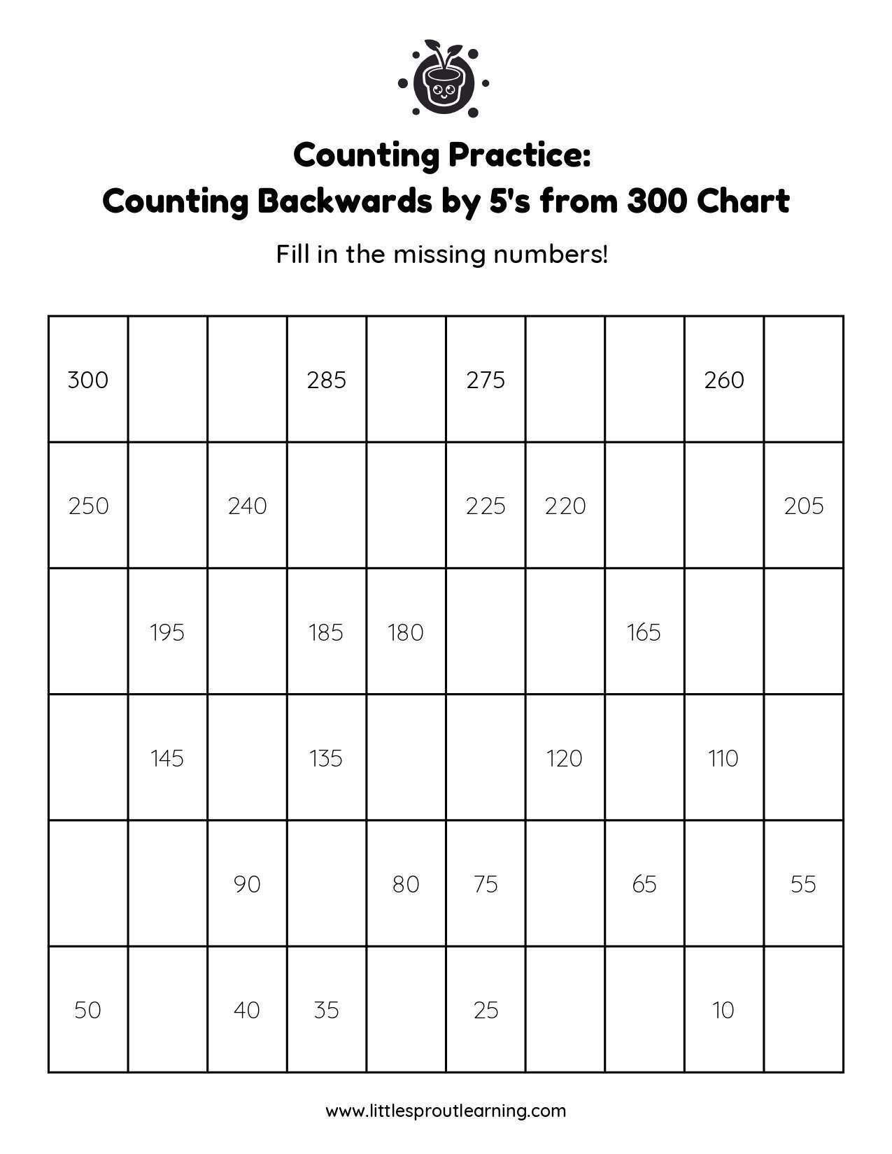 Grade 1 Counting Practice Worksheet Counting Backwards by 5s from 300 Fill in the blanks 2 page 0001