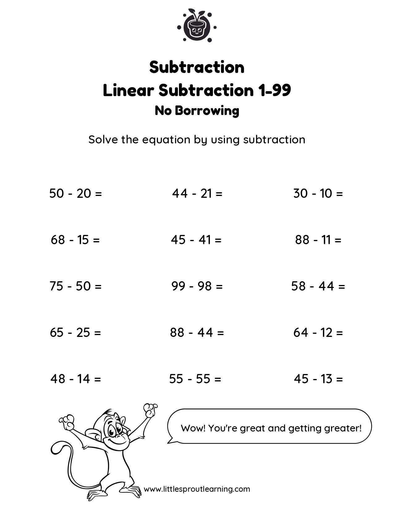 Grade 1 Subtraction Worksheet Linear 2 Digits No Borrowing page 0001