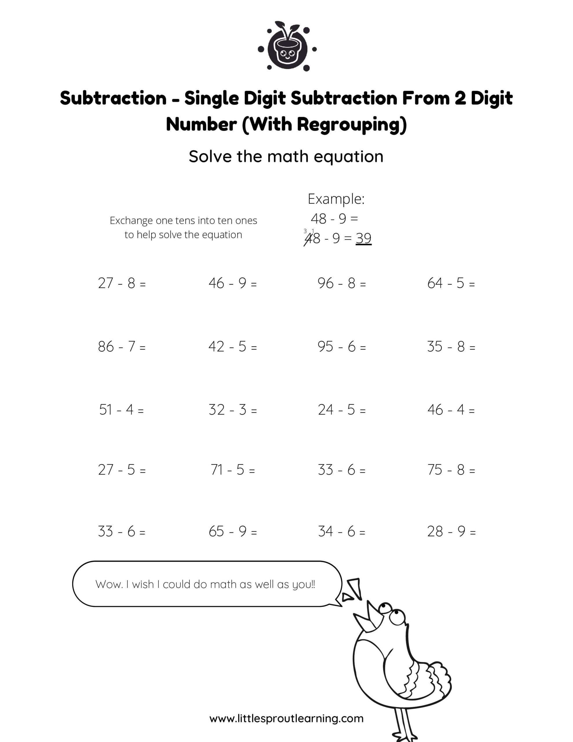 Grade 2 Subtraction Worksheet Single Digit Subtraction From 2 Digit With Regrouping scaled