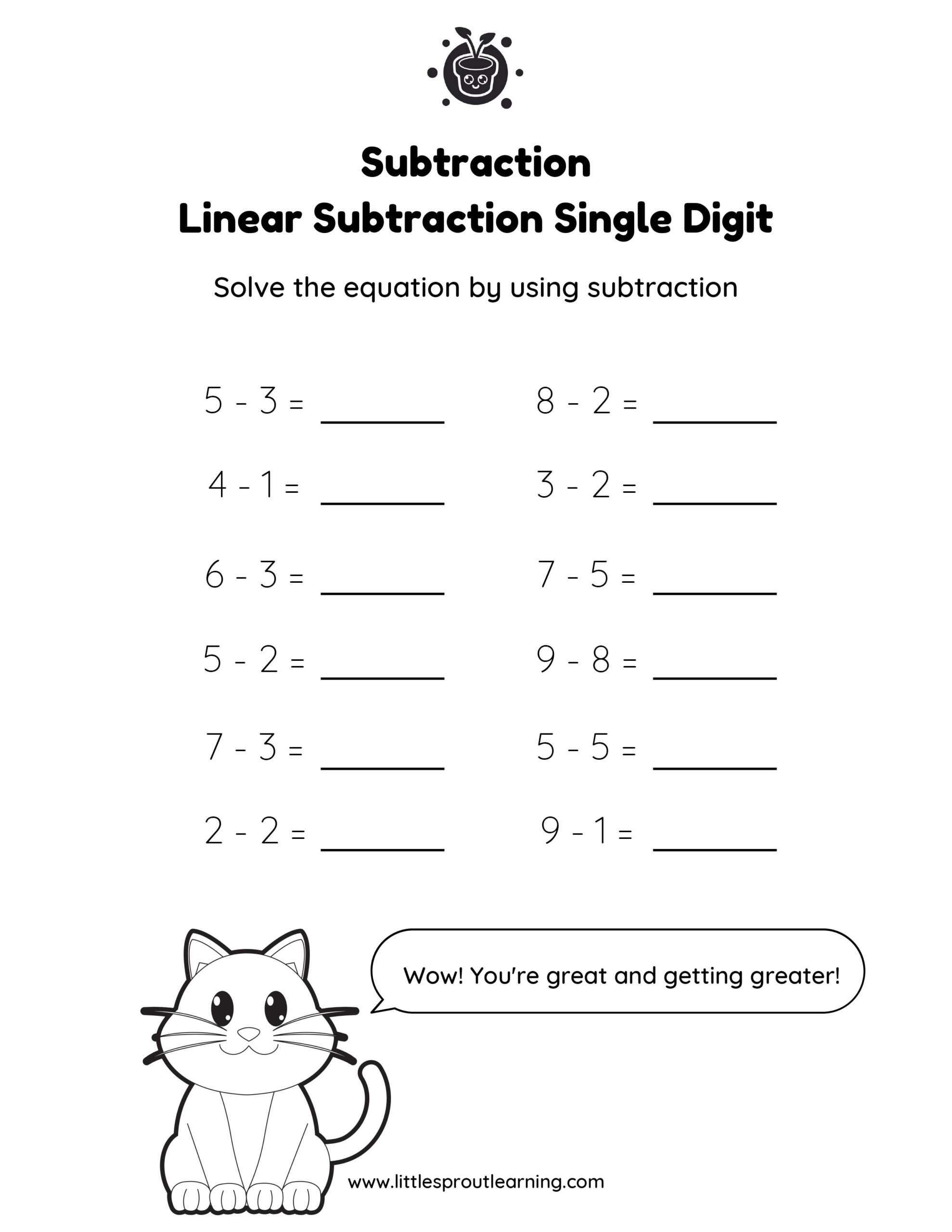Kindergarten Linear Subtraction Single Digit Math Worksheet 1 scaled