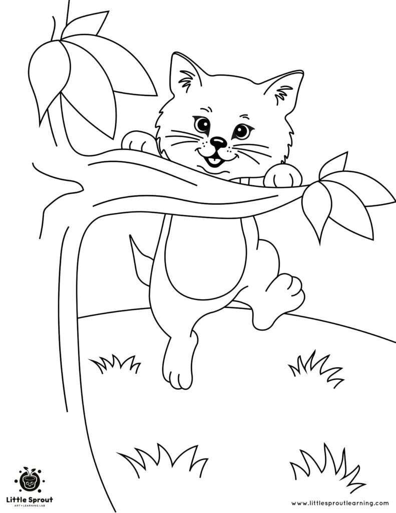 Cat Climbing On Tree Coloring Page - Little Sprout Art