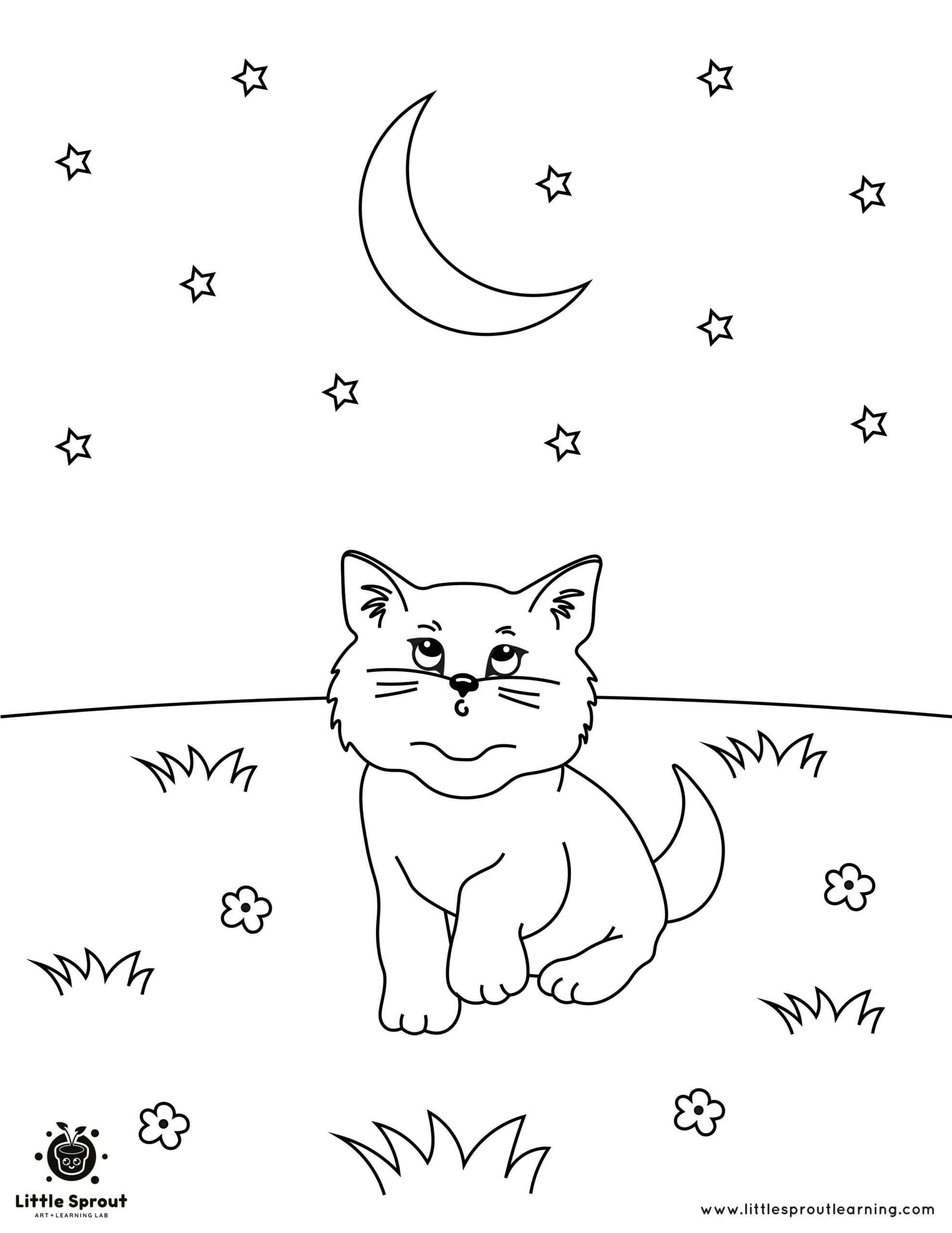 Cat with half moon Coloring Page