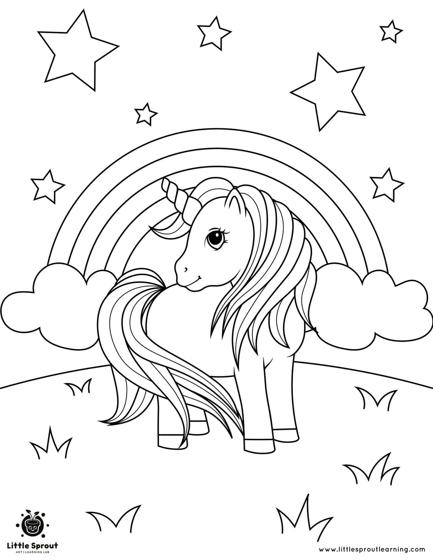 Rainbow, Stars and a Unicorn Coloring Page