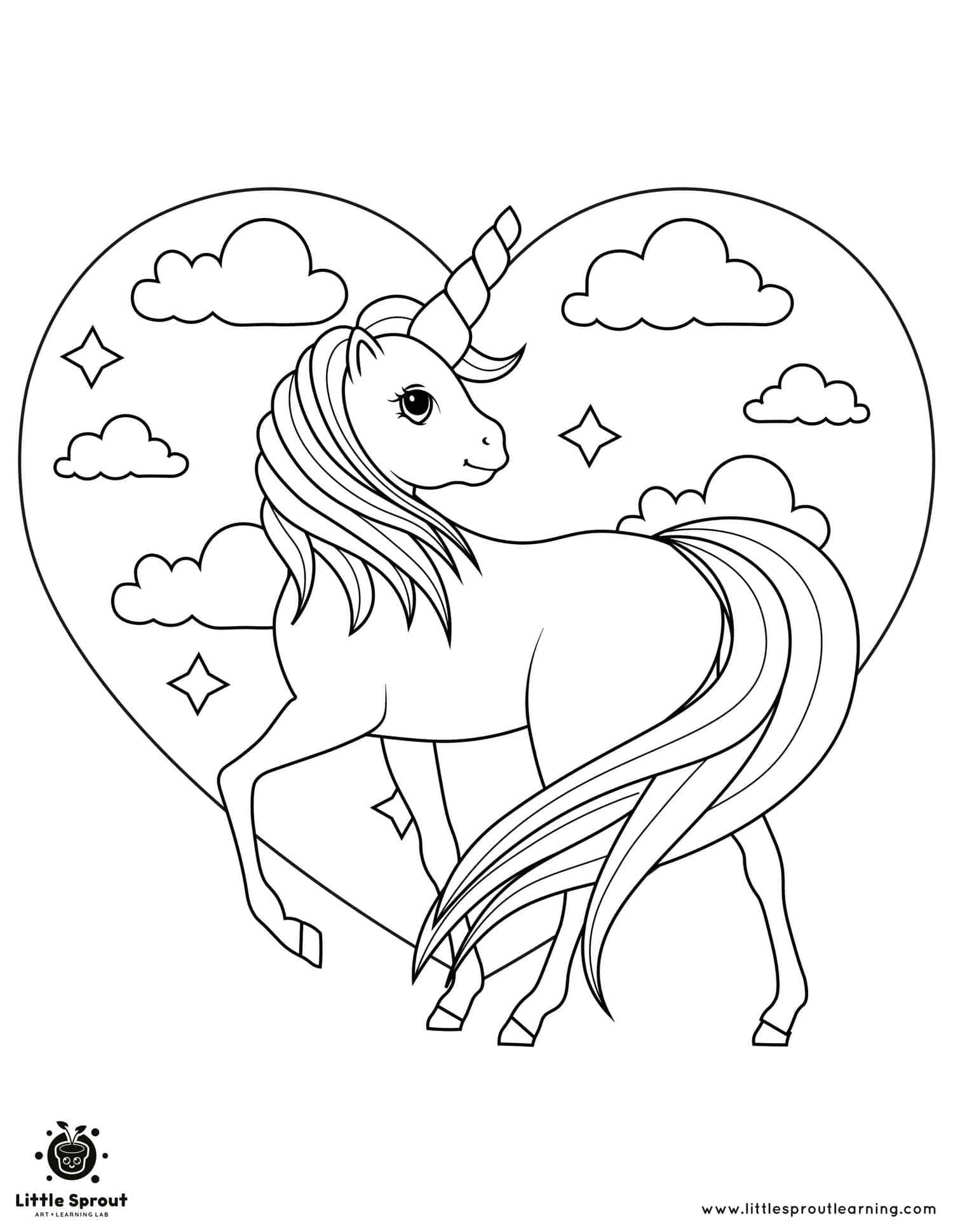 Heart and Unicorn Coloring Page