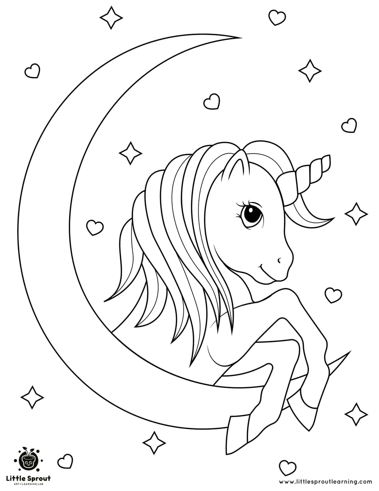 Moon with Unicorn Coloring Page