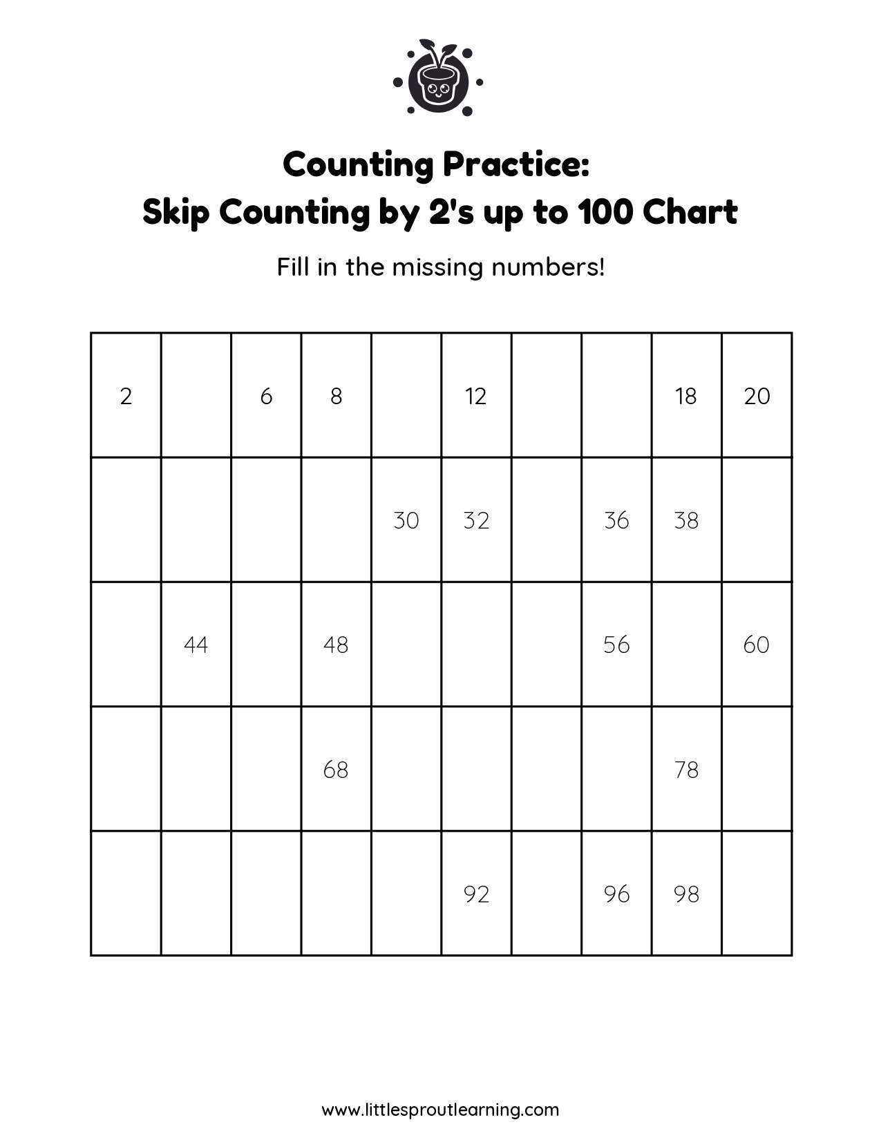 Skip Counting by 2 up to 100 Fill in the Blanks