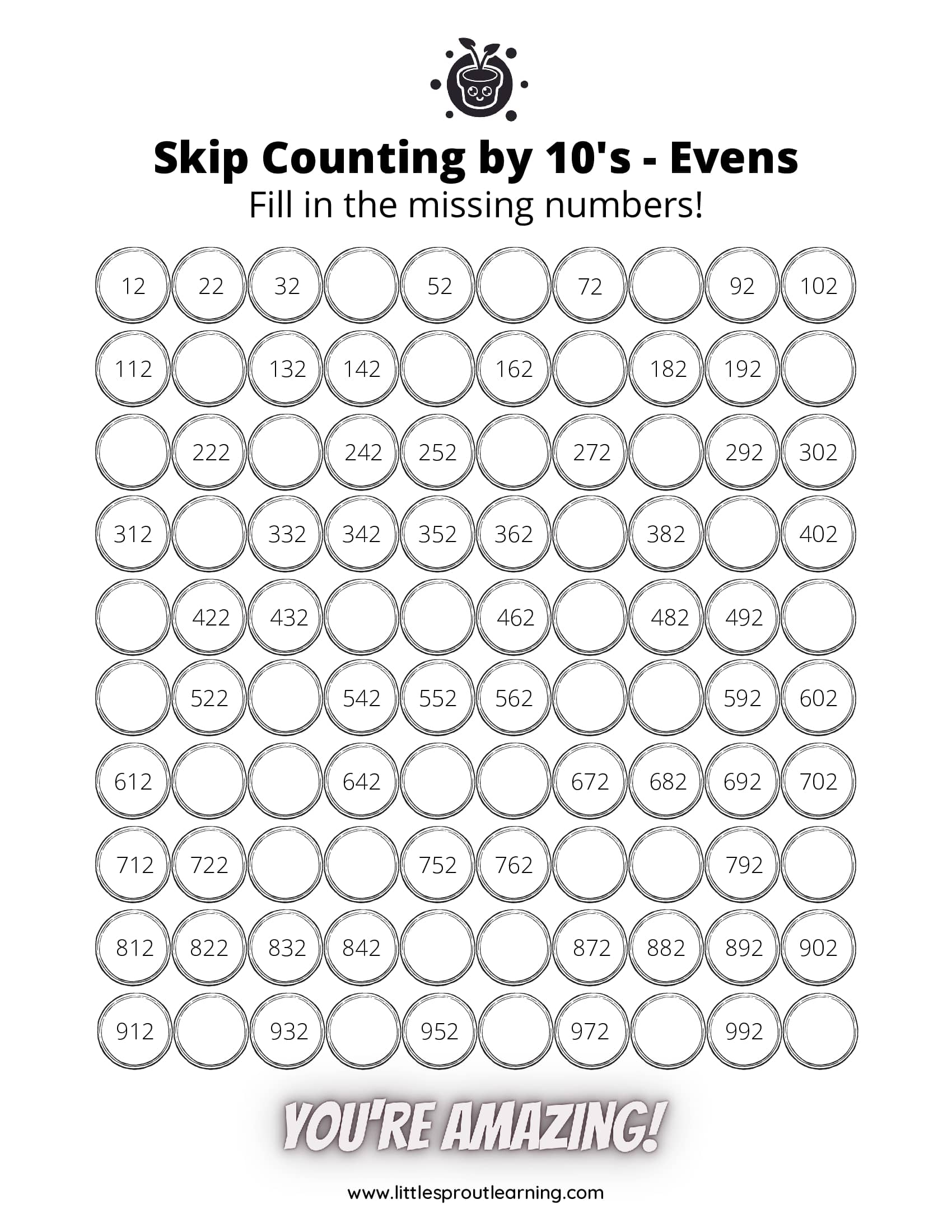 Skip Counting by 10’s – Evens With Grade 2 Math Worksheets