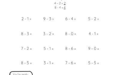 Single Digit Subtraction Between 0-10
