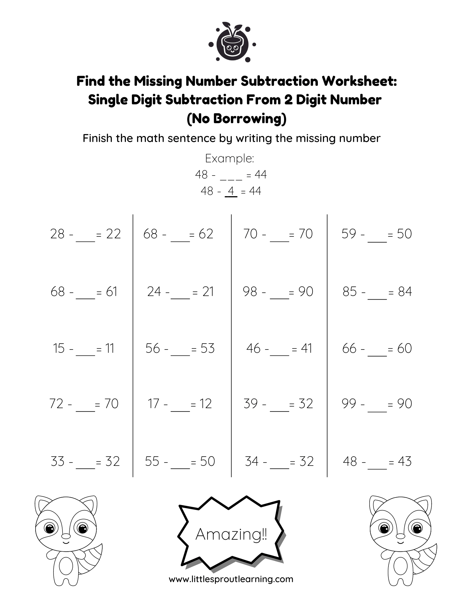 Find the Missing Number Single Digit Subtraction From 2 Digit Numbers (No Borrowing) Worksheet