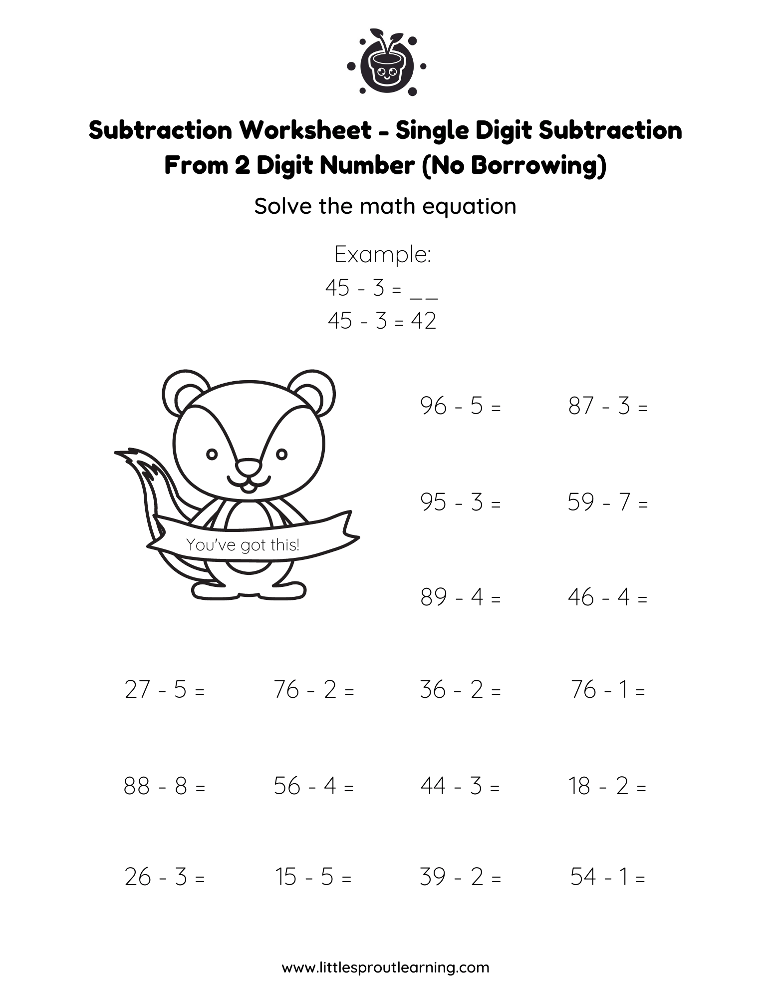 Single Digit Subtraction From 2 Digit Numbers (No Borrowing)