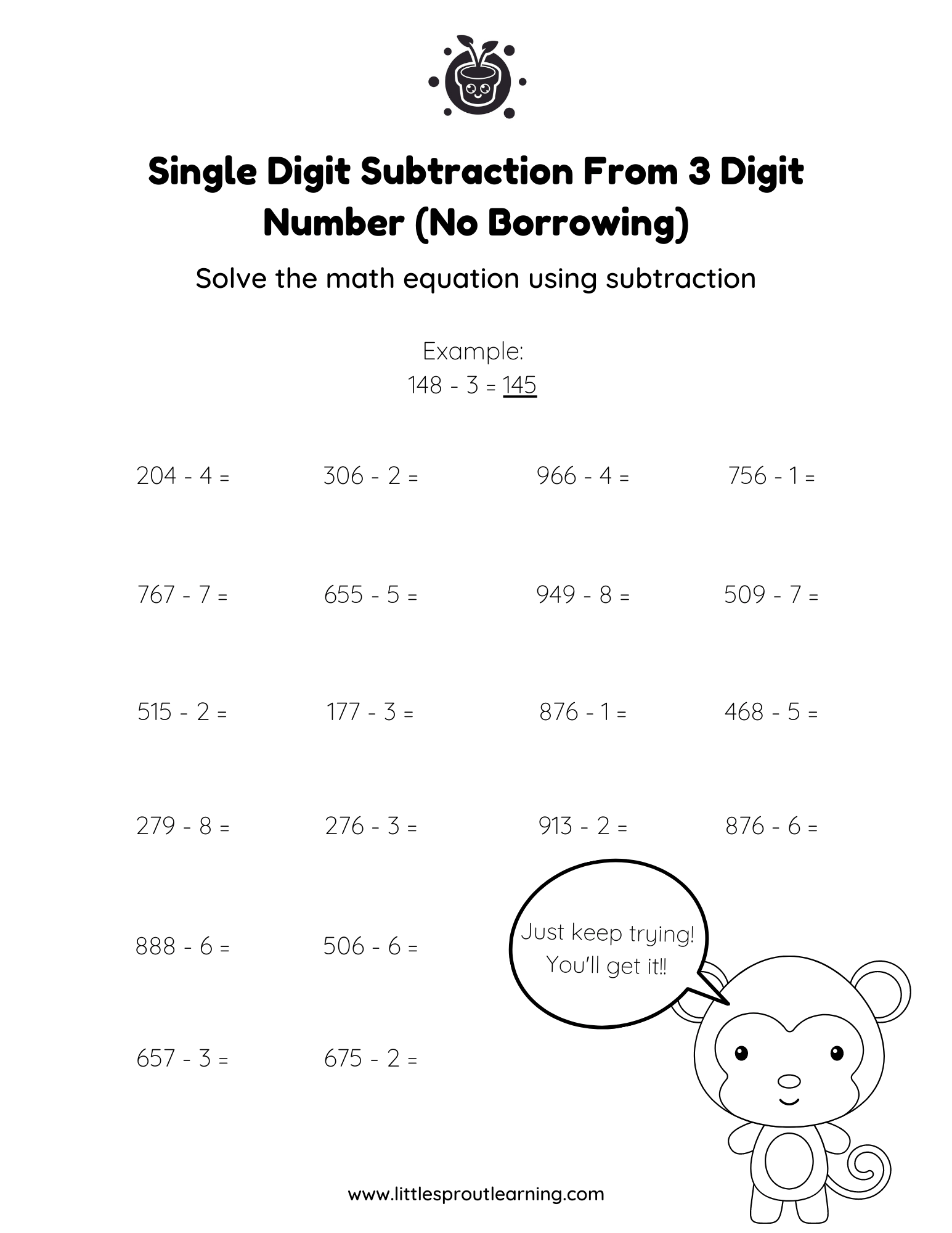 Single Digit Subtraction From 3 Digit