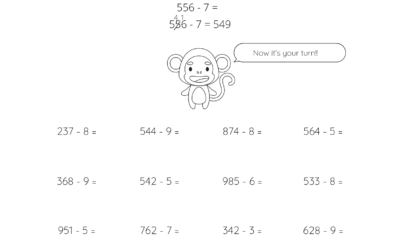 Single Digit Subtraction From 3 Digit Numbers – With Borrowing
