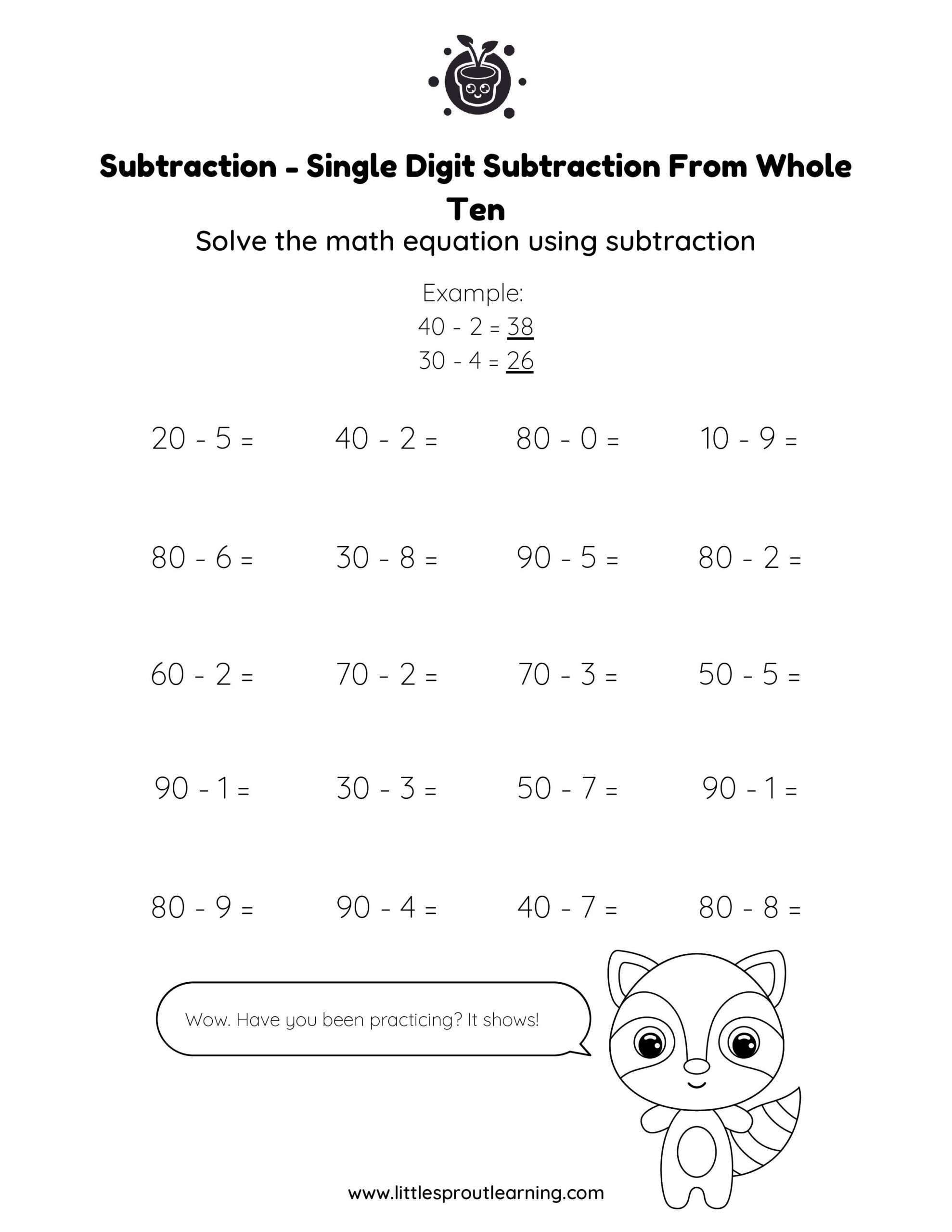 Single Digit Subtraction From Whole Ten