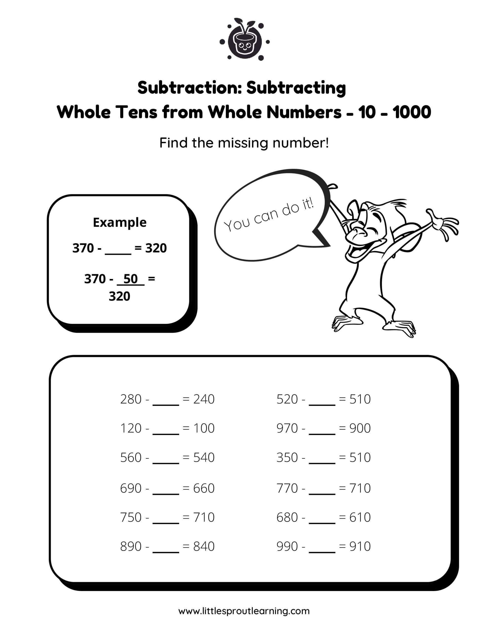 Subtract Whole tens From Whole Tens Within 0-1,000 – Missing Numbers