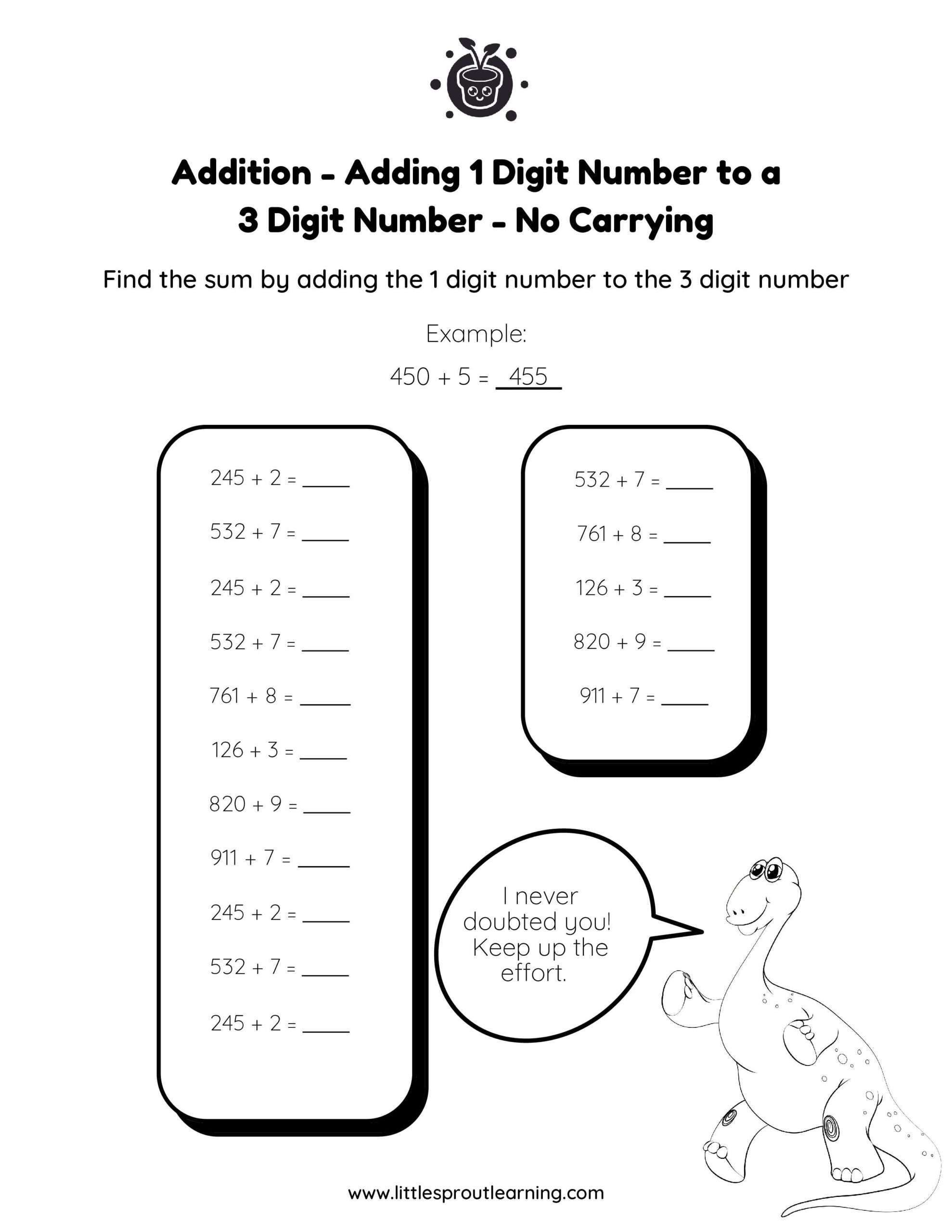 Adding Single Digit Numbers to 3 Digit Numbers (No Carrying)