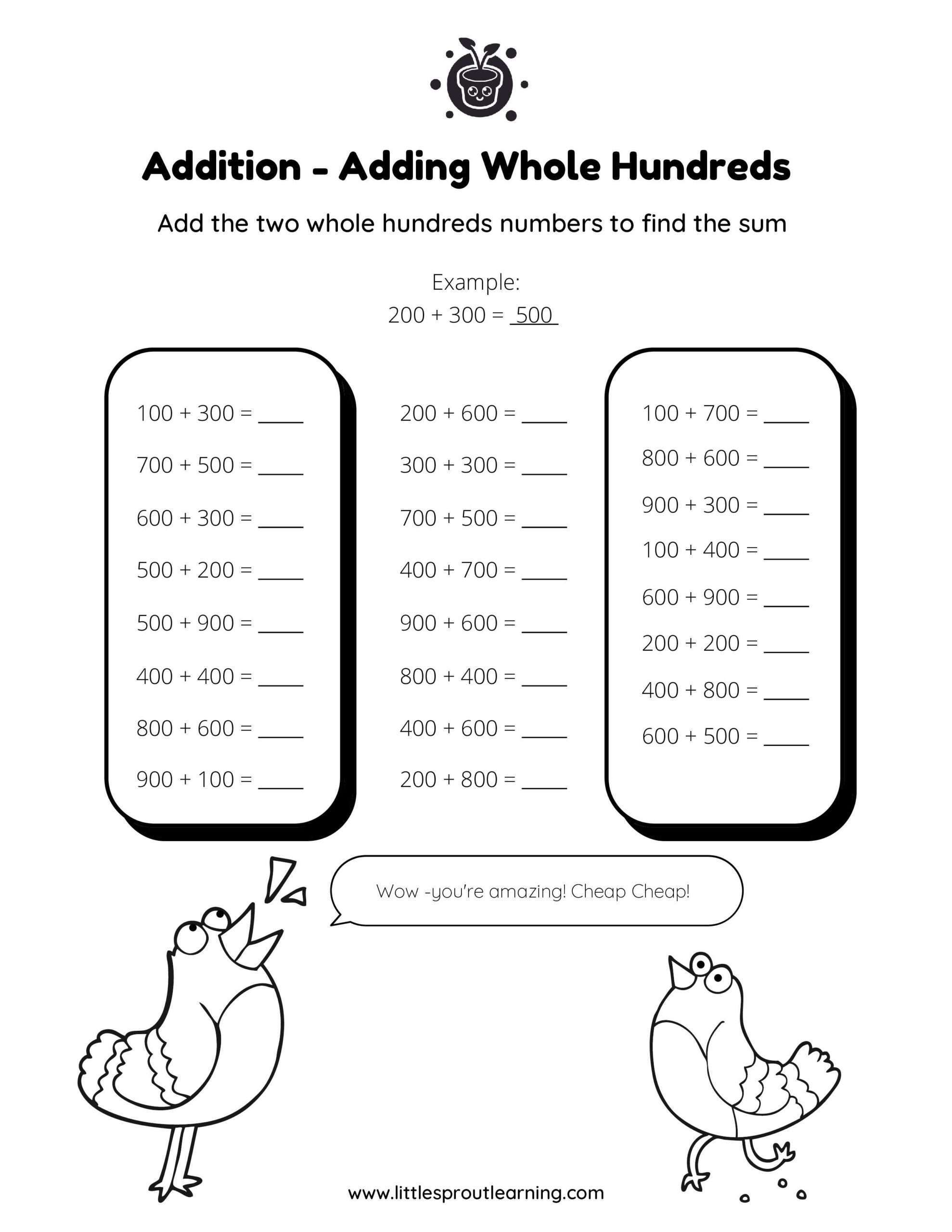 Adding Whole Hundreds With Grade 3 Addition Worksheets