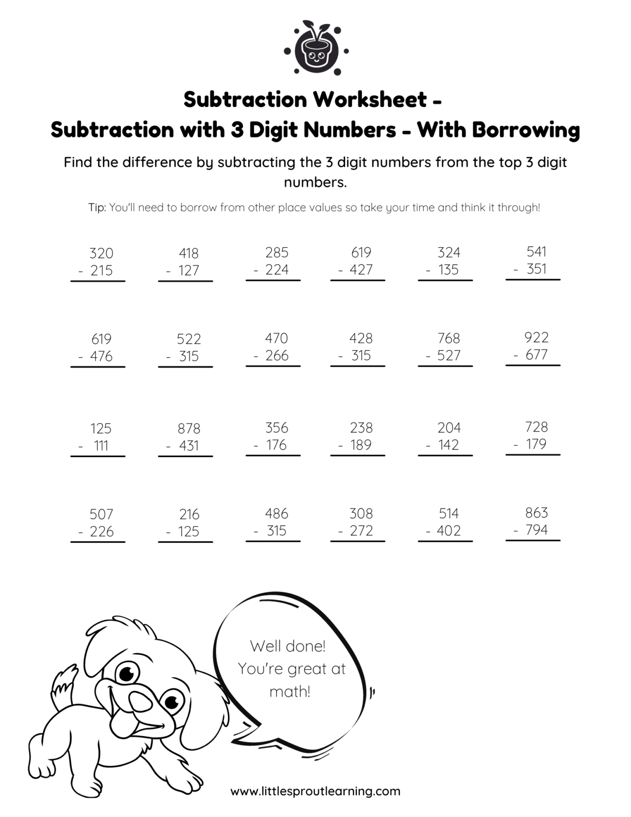 Grade 3 Subtraction Worksheet Stacked Subtraction With 3 Digits With