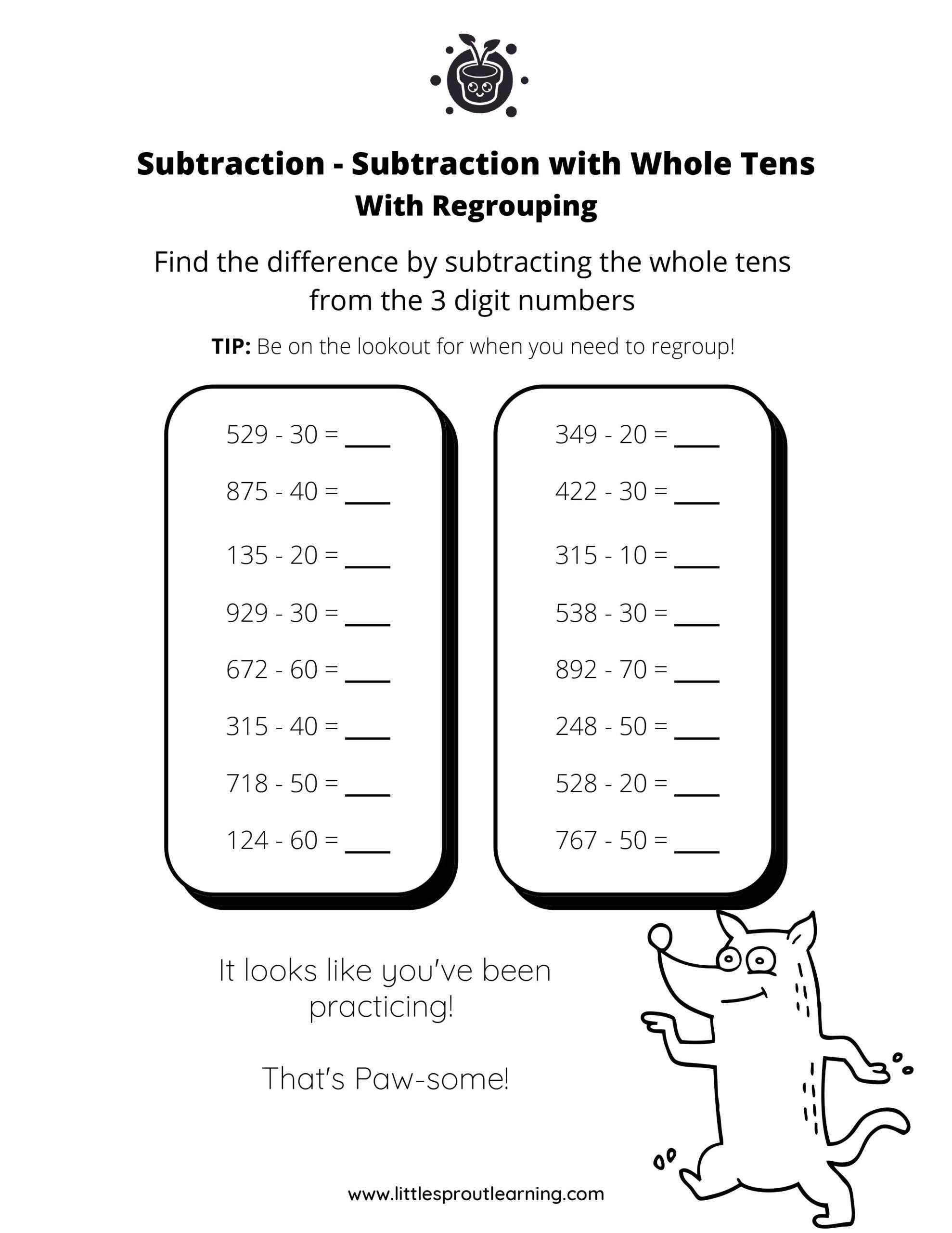 Subtraction with Whole Tens from 2 Digit Numbers