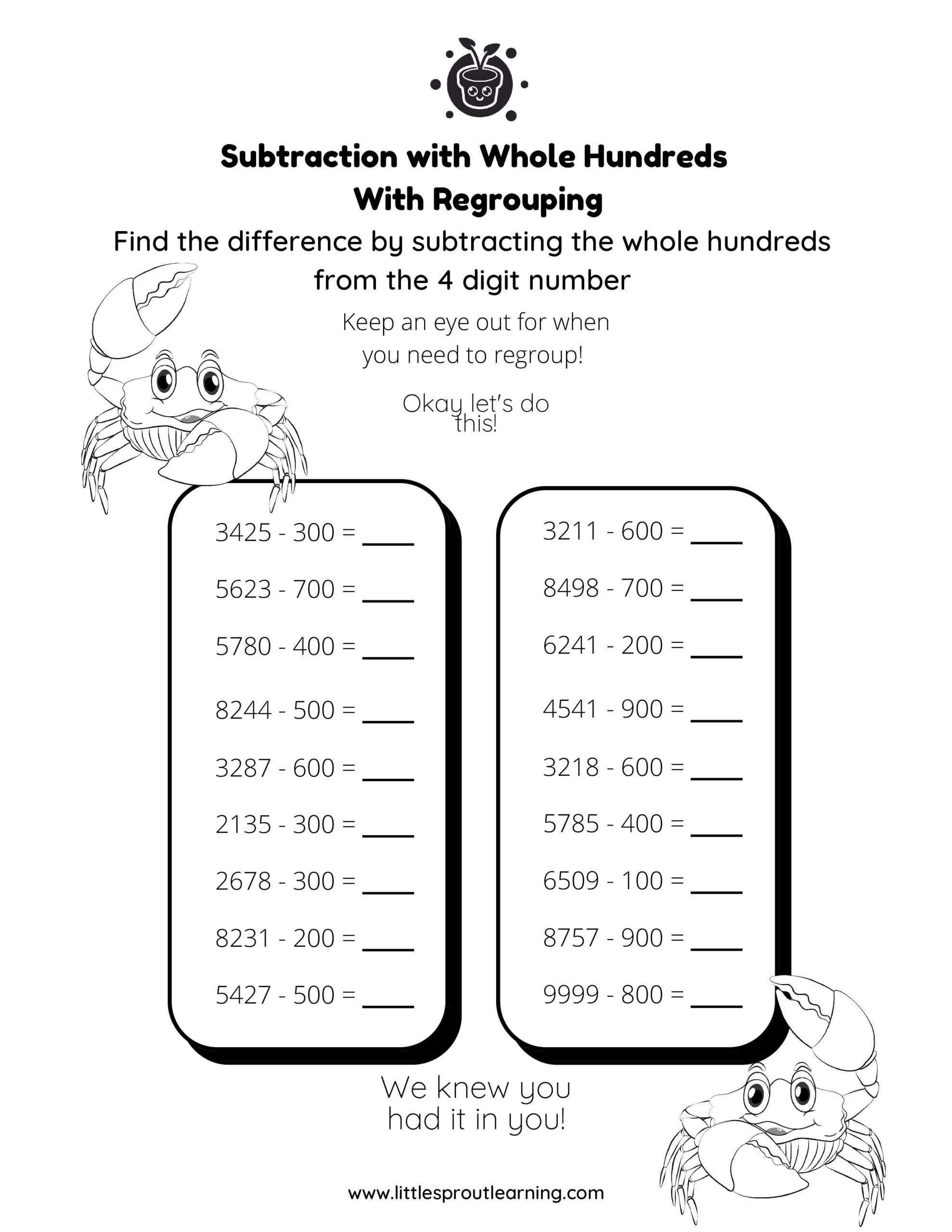 Subtraction With Whole hundreds from 4 Digit Numbers (With Regrouping)