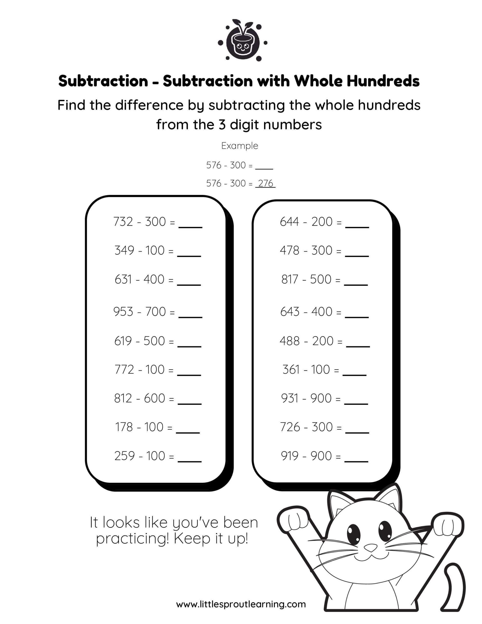 Subtraction with Whole hundreds from 3 Digit Numbers