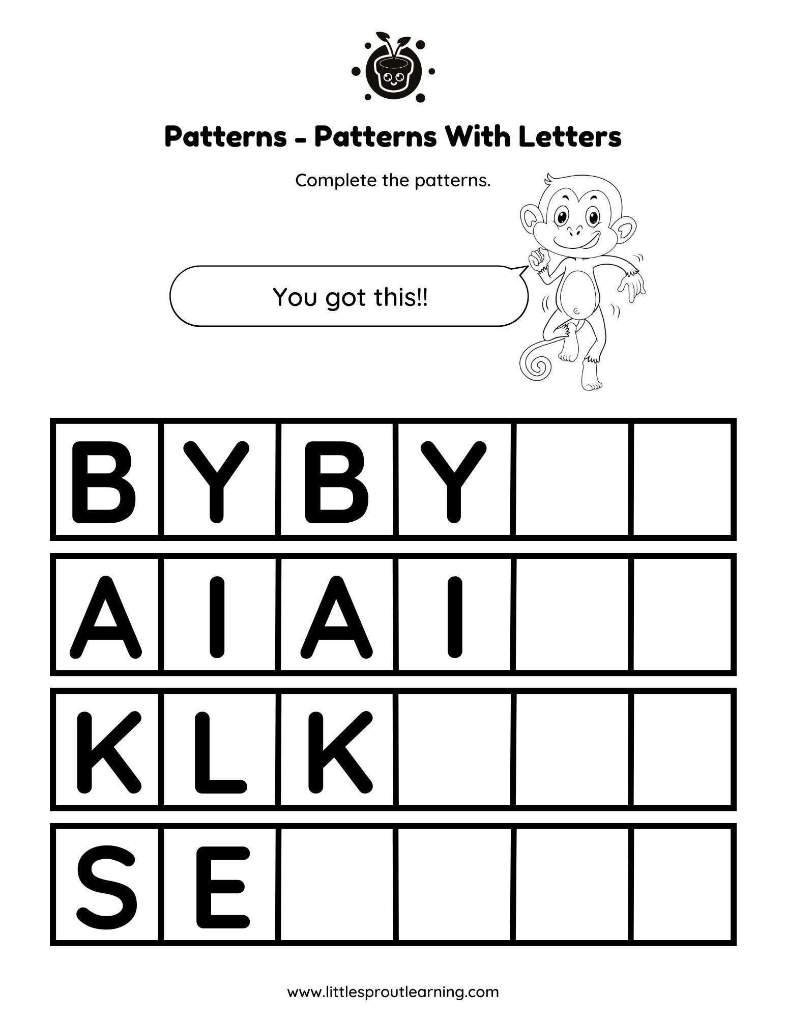 Kindergarten Patterns With Letters Worksheet Little Sprout Art