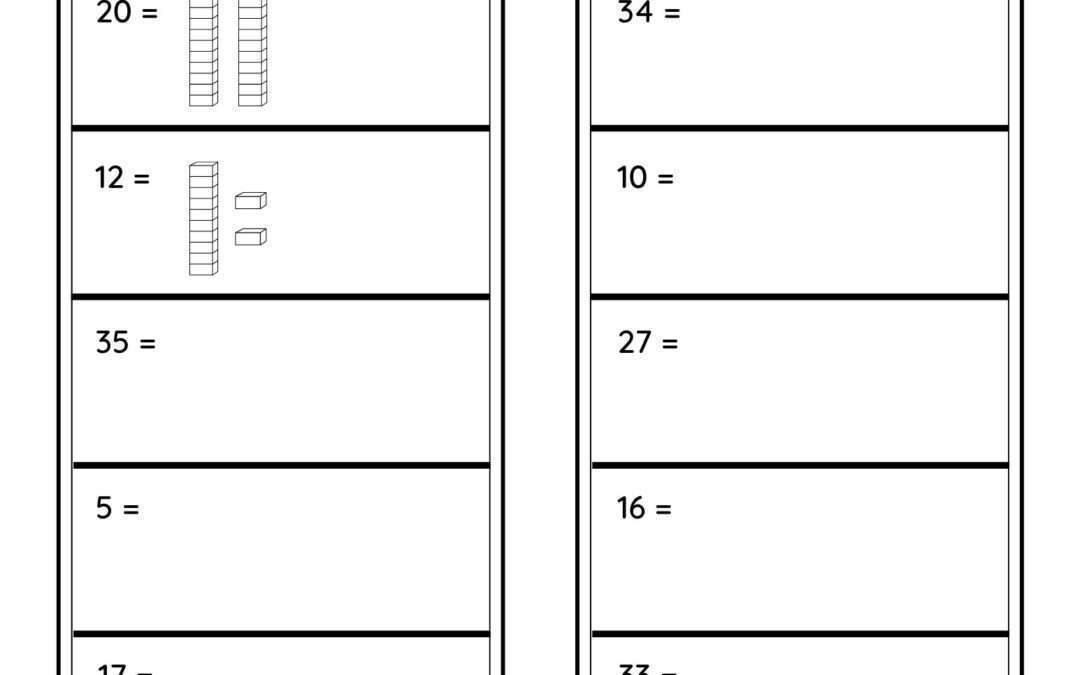 Breaking Numbers in Tens Grade 1 Base Block Worksheets