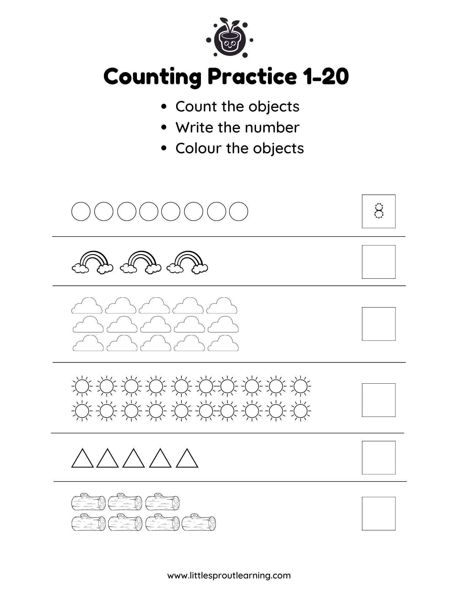 Counting Practice – Count the Objects and Write The Numbers 1 – 20