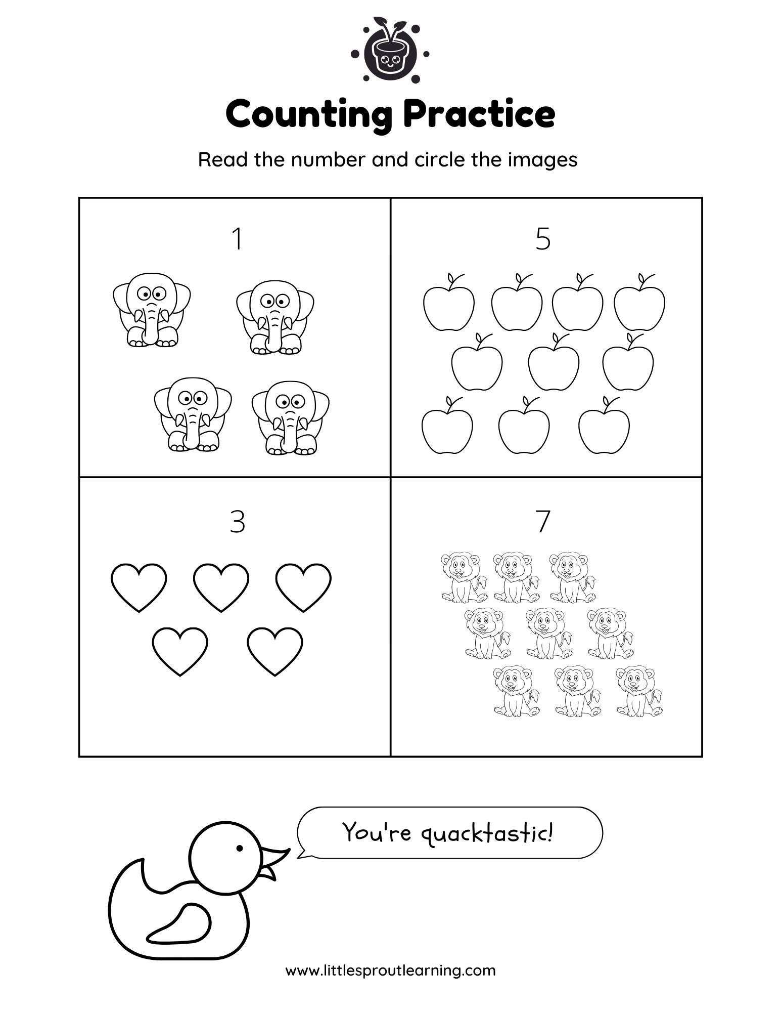 Counting Practice Worksheet Kindergarten 1-10 Count the objects and circle