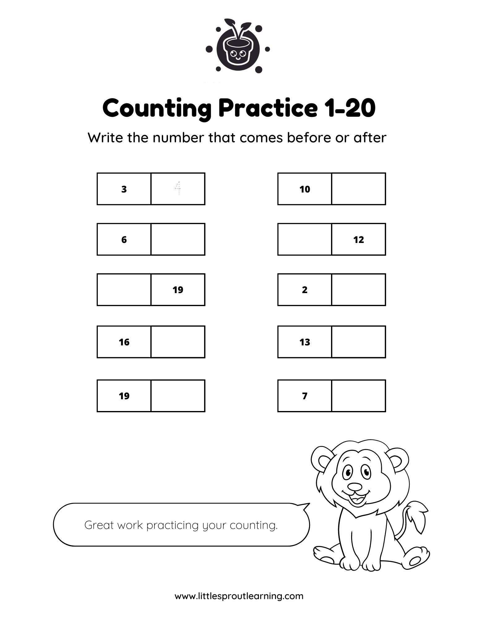 Counting Practice 1-20 – Fill In the Numbers Before or After
