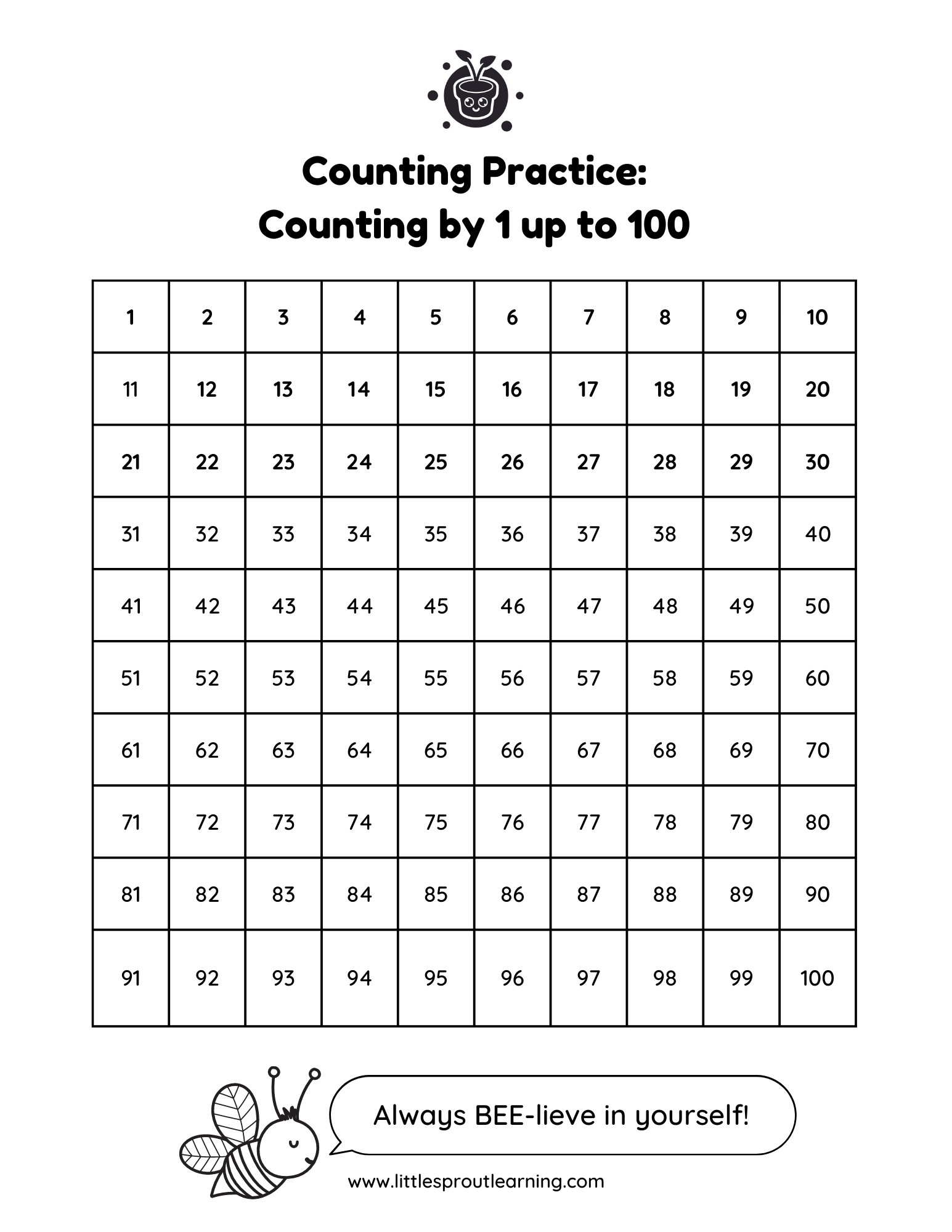 Counting Practice – Counting Chart up to 100 by 1