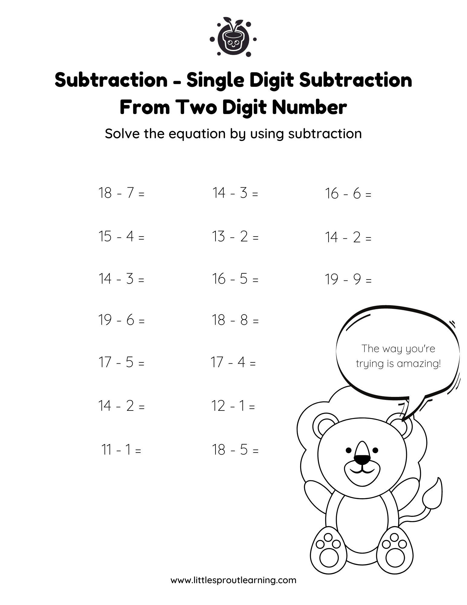 Subtraction Worksheet – Subtract Single Digits from Two Digits