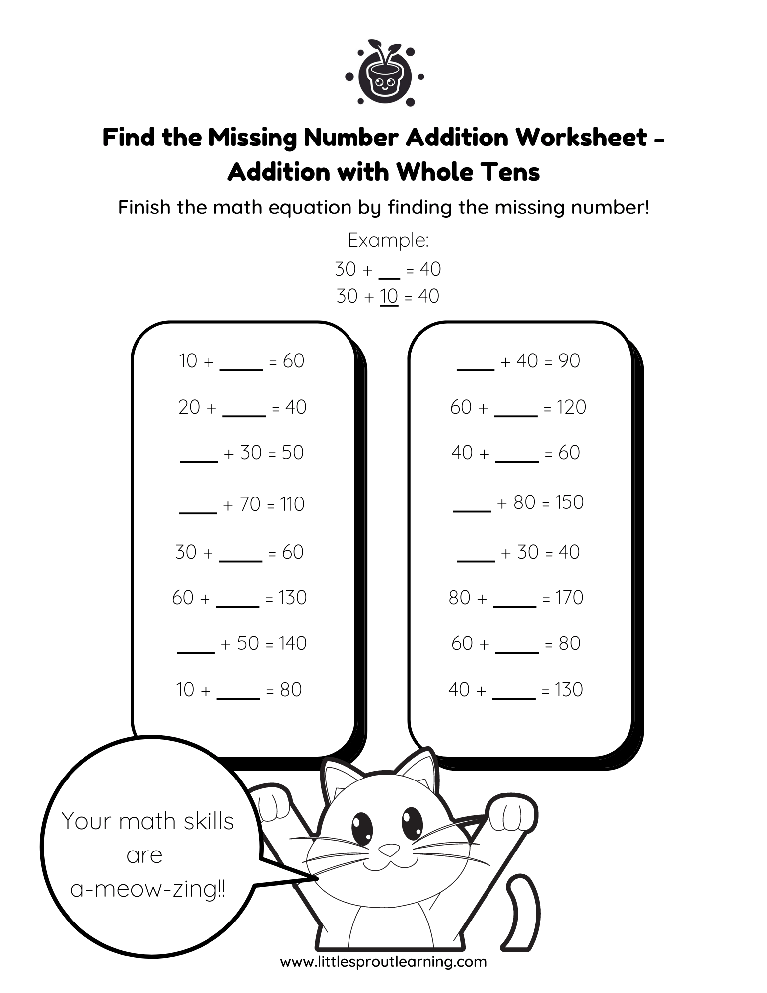 Find the Missing Number Addition Worksheet – Addition With Whole Tens