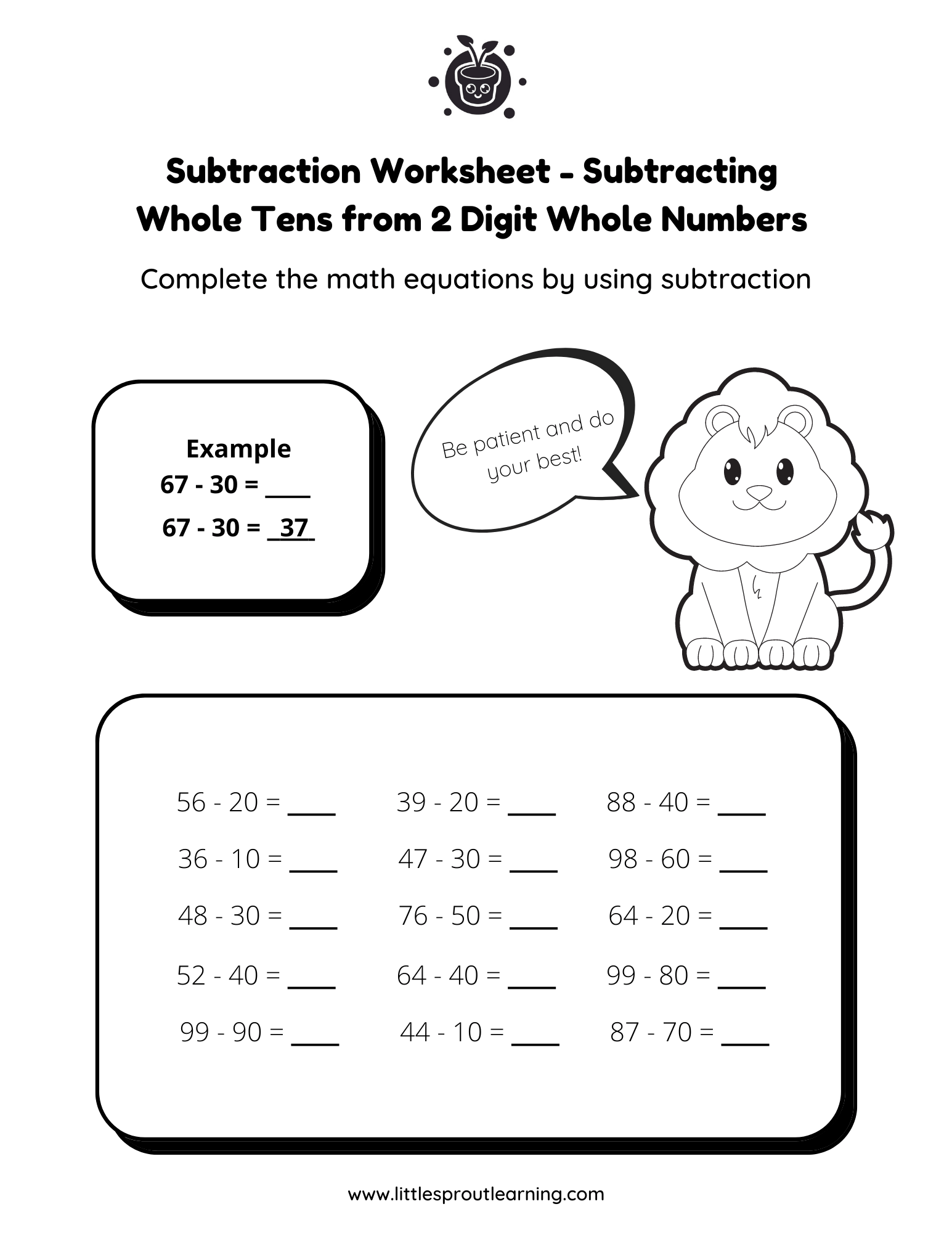 Subtraction Worksheet – Subtracting Whole Tens from 2 Digit Whole Numbers