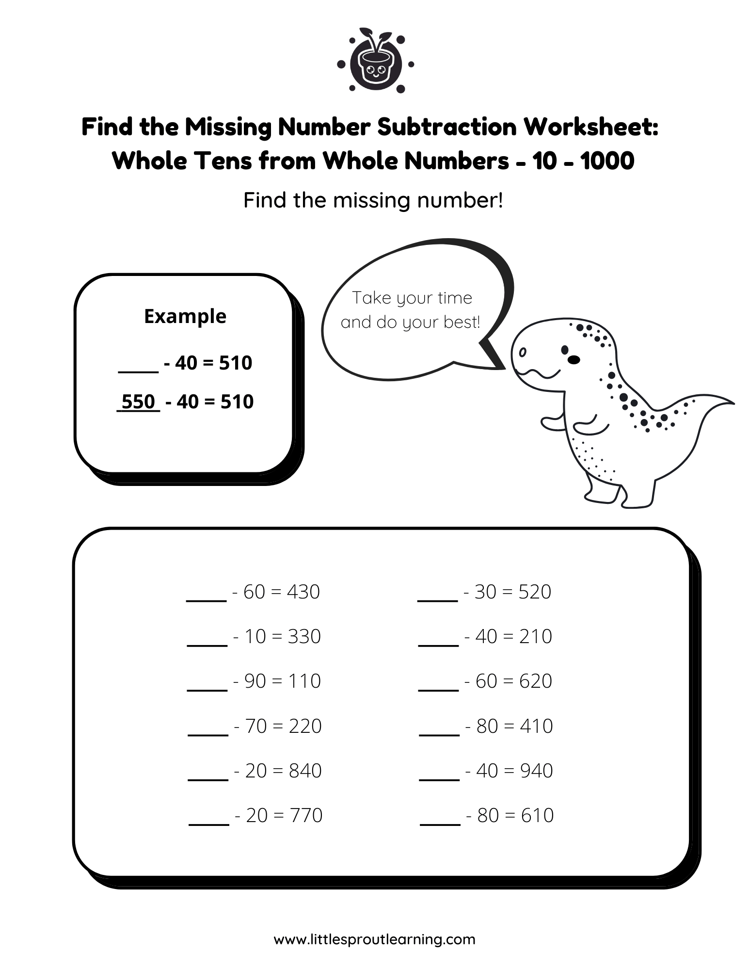 Find the Missing Number Subtraction Worksheet – Whole Tens from Whole Numbers