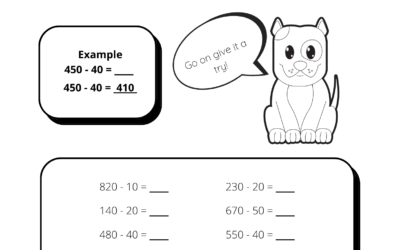 Subtraction Worksheet – Subtracting Whole Tens from 3 Digit Whole Numbers