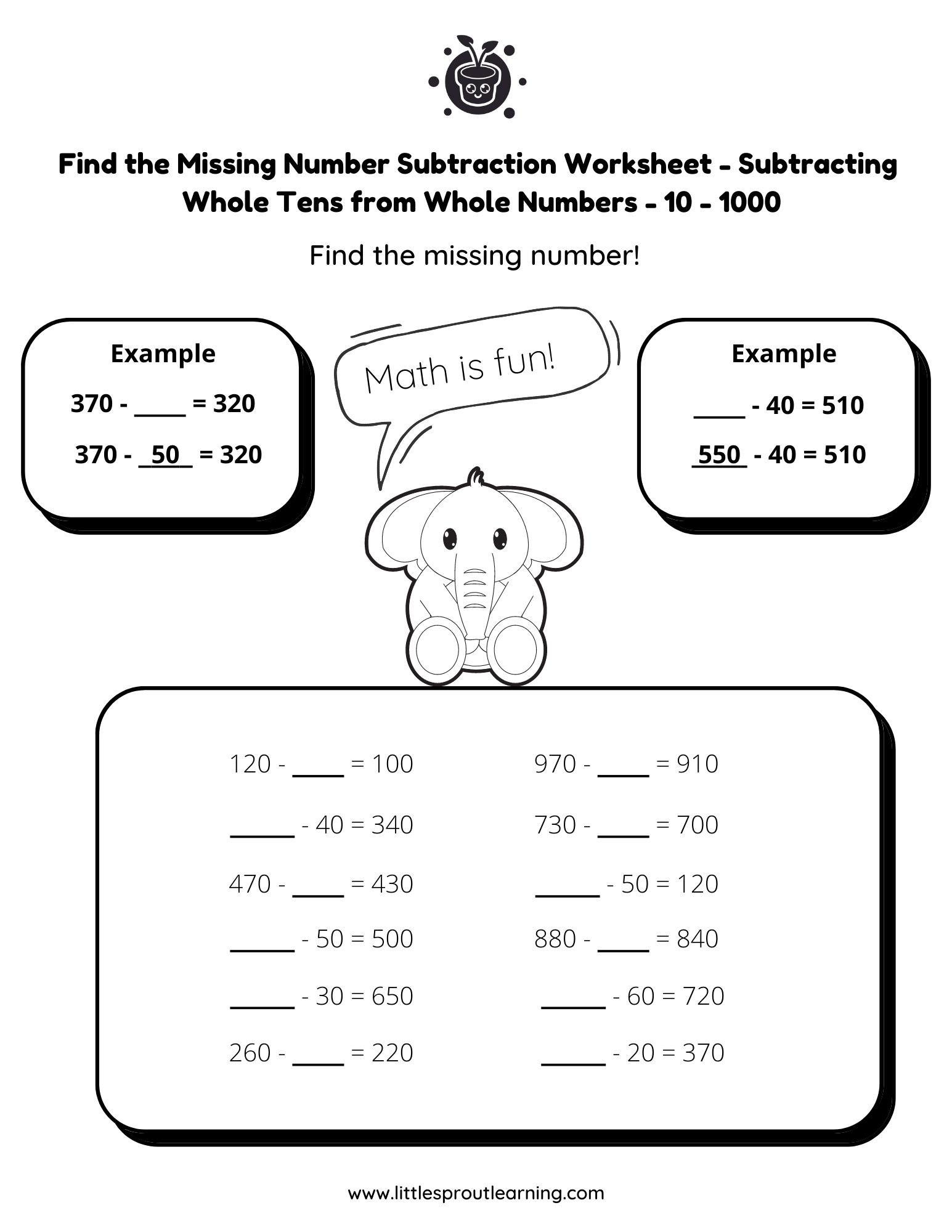 Find the Missing Number Subtraction Worksheet – Whole Numbers Missing Minuend or Subtrahend
