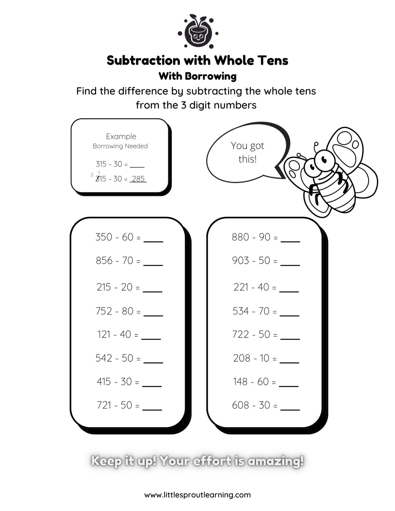 Subtraction Worksheet Subtracting With Whole Tens With Borrowing Little Sprout Art 