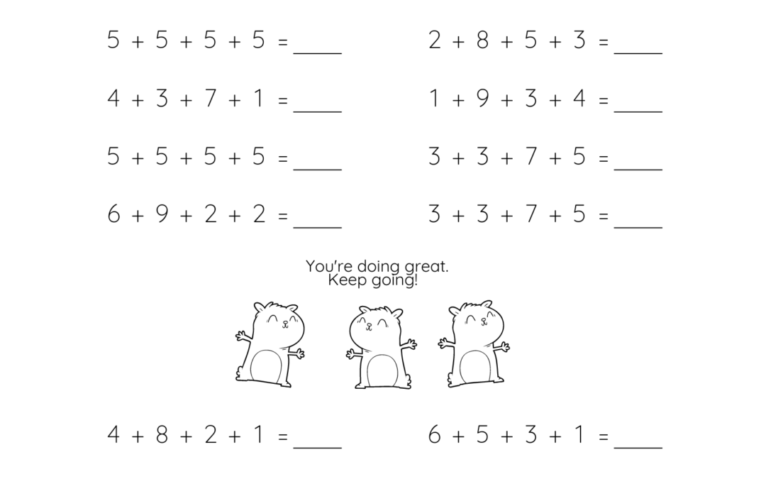 Grade 2 Addition Worksheet Feature - Adding 4 Single Digit Numbers