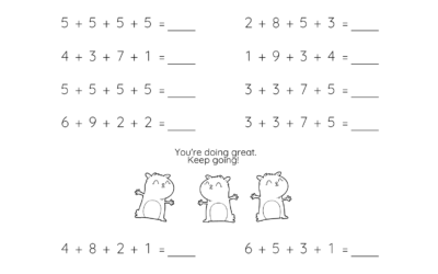 Addition Worksheet – Adding 4 Single Digit Numbers