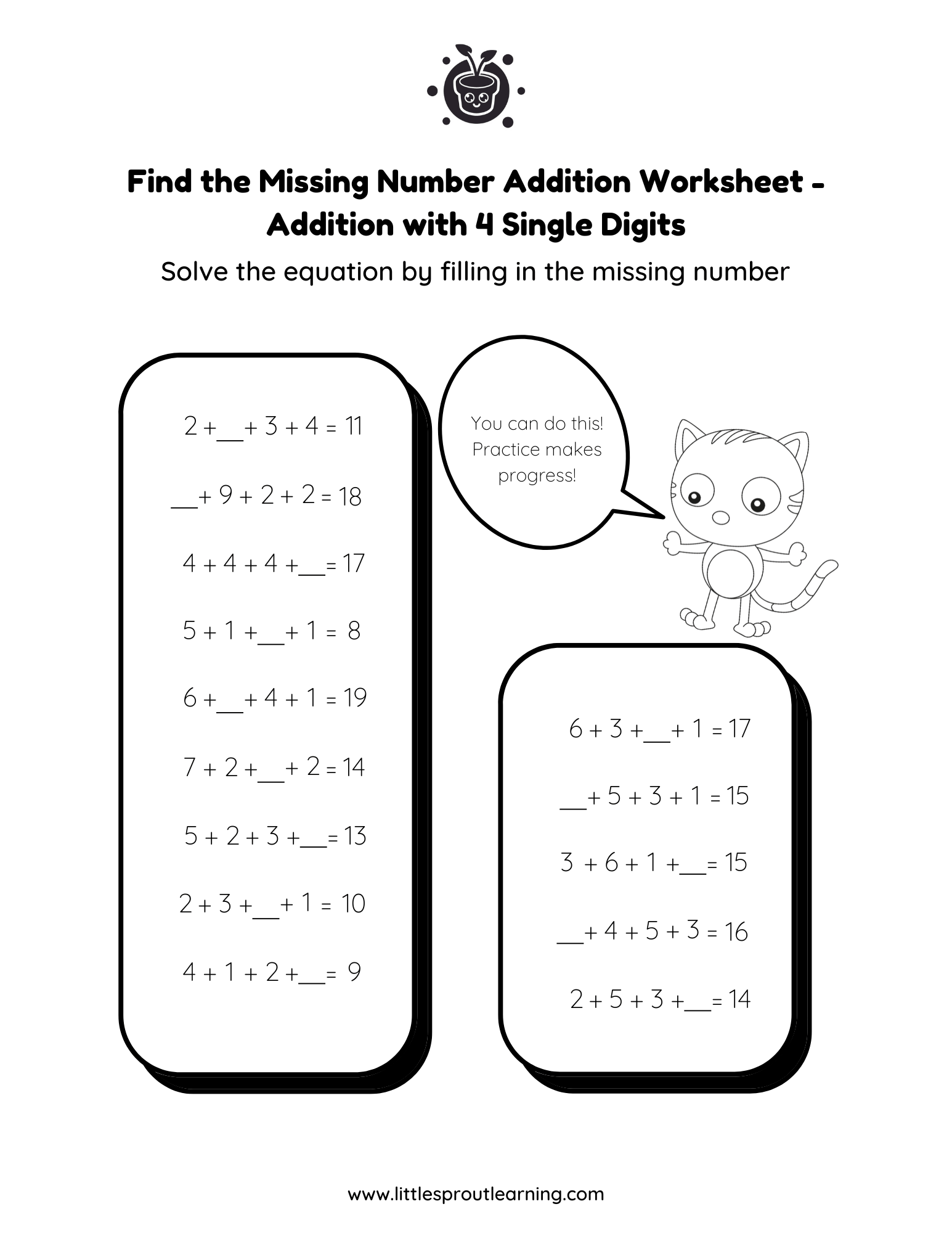 Find the Missing Number Addition Worksheet – Adding 4 Single Digit Numbers