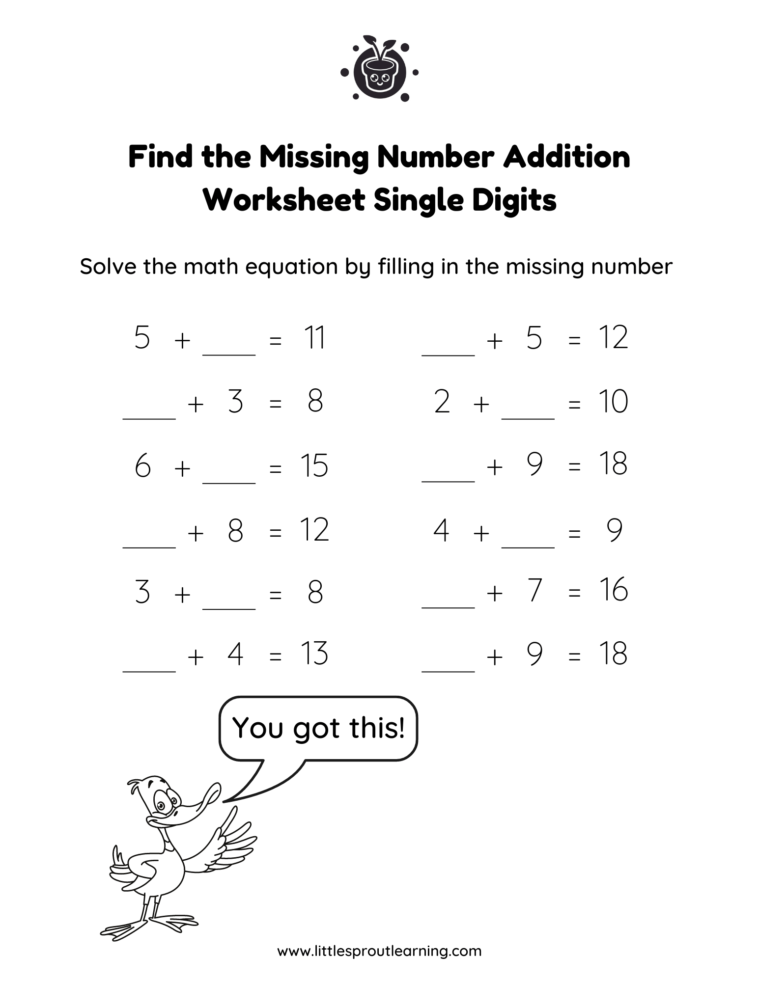 Find the Missing Number Addition Worksheet Grade 2 Single Digits Feature