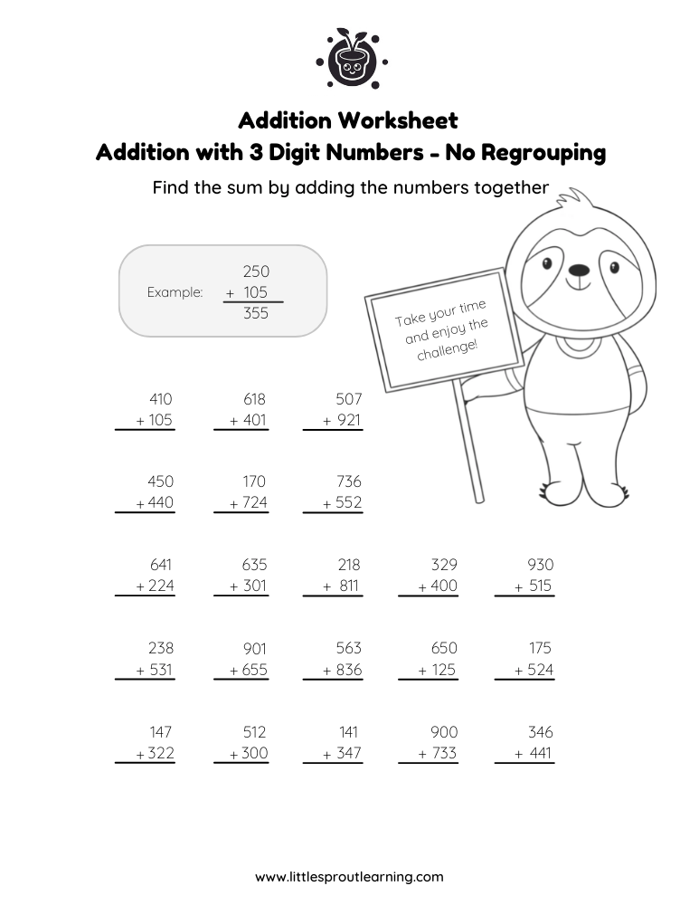 Addition Worksheet – Adding With 3 Digits – No Regrouping