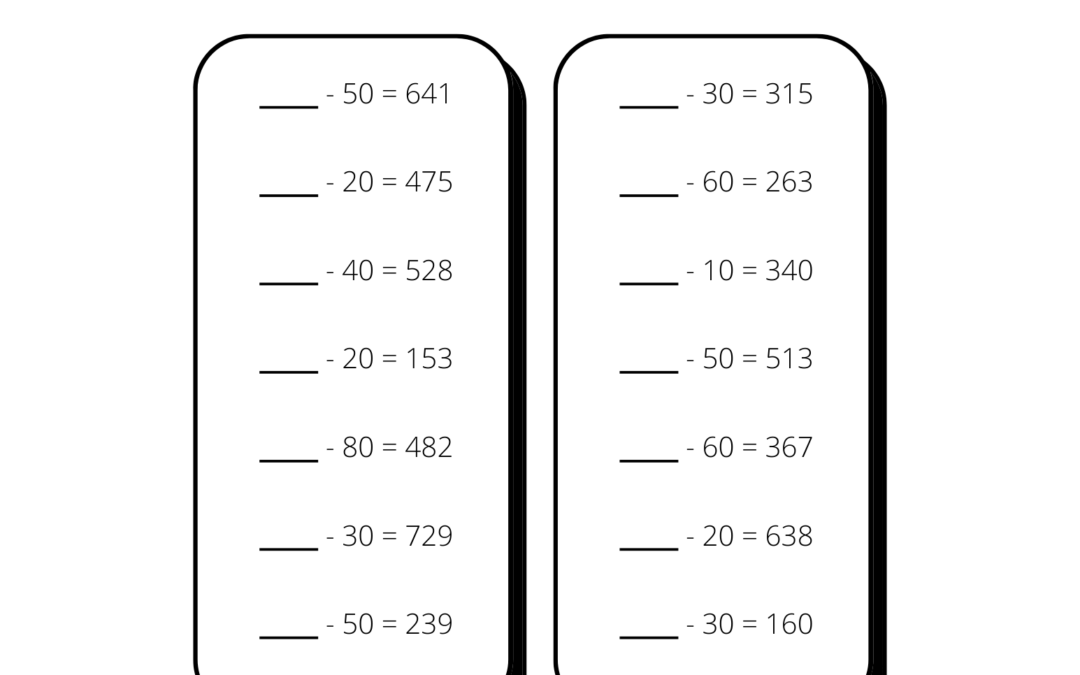 Find the Missing number subtraction worksheet - whole tens and 3 digit numbers