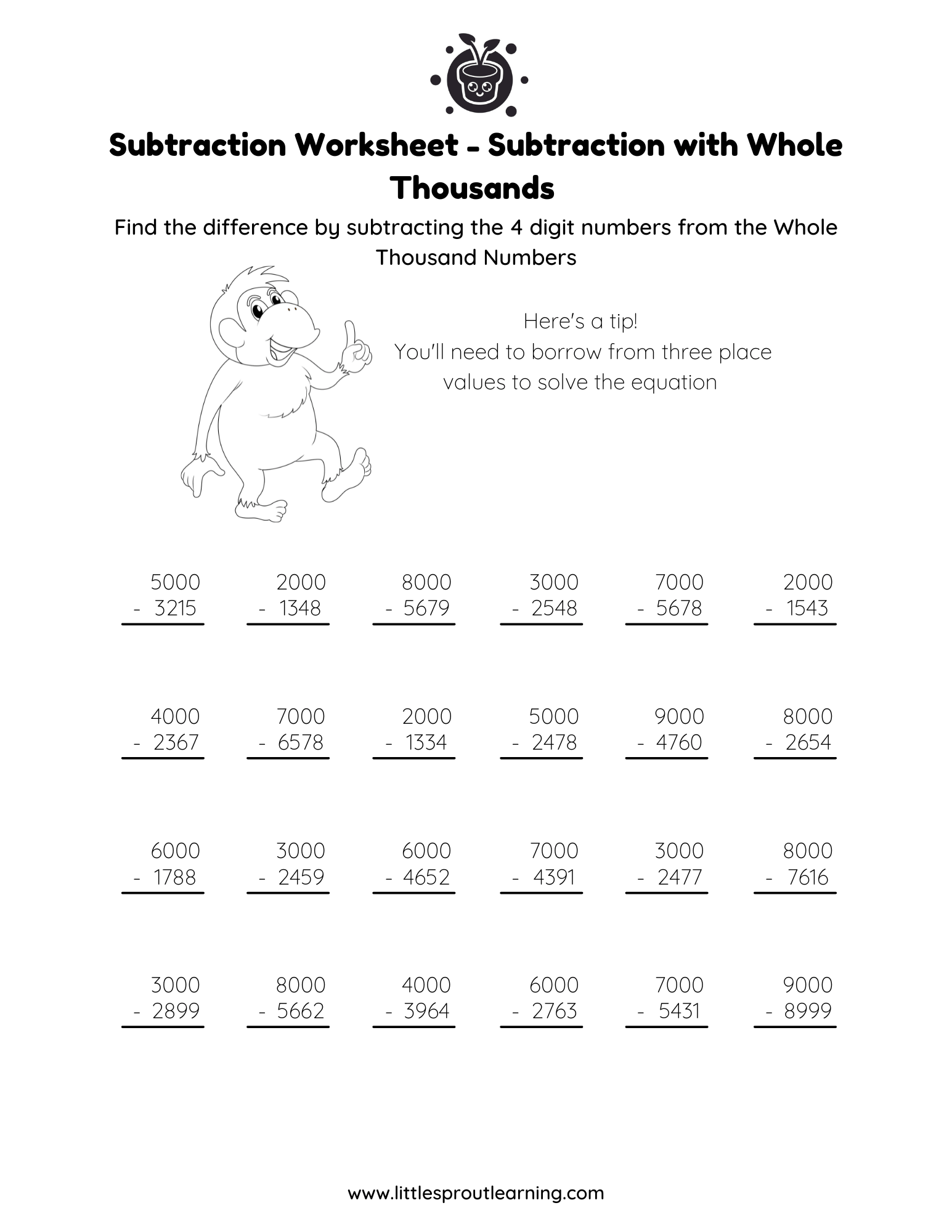 Subtraction Worksheet –  Subtraction with Whole Thousands