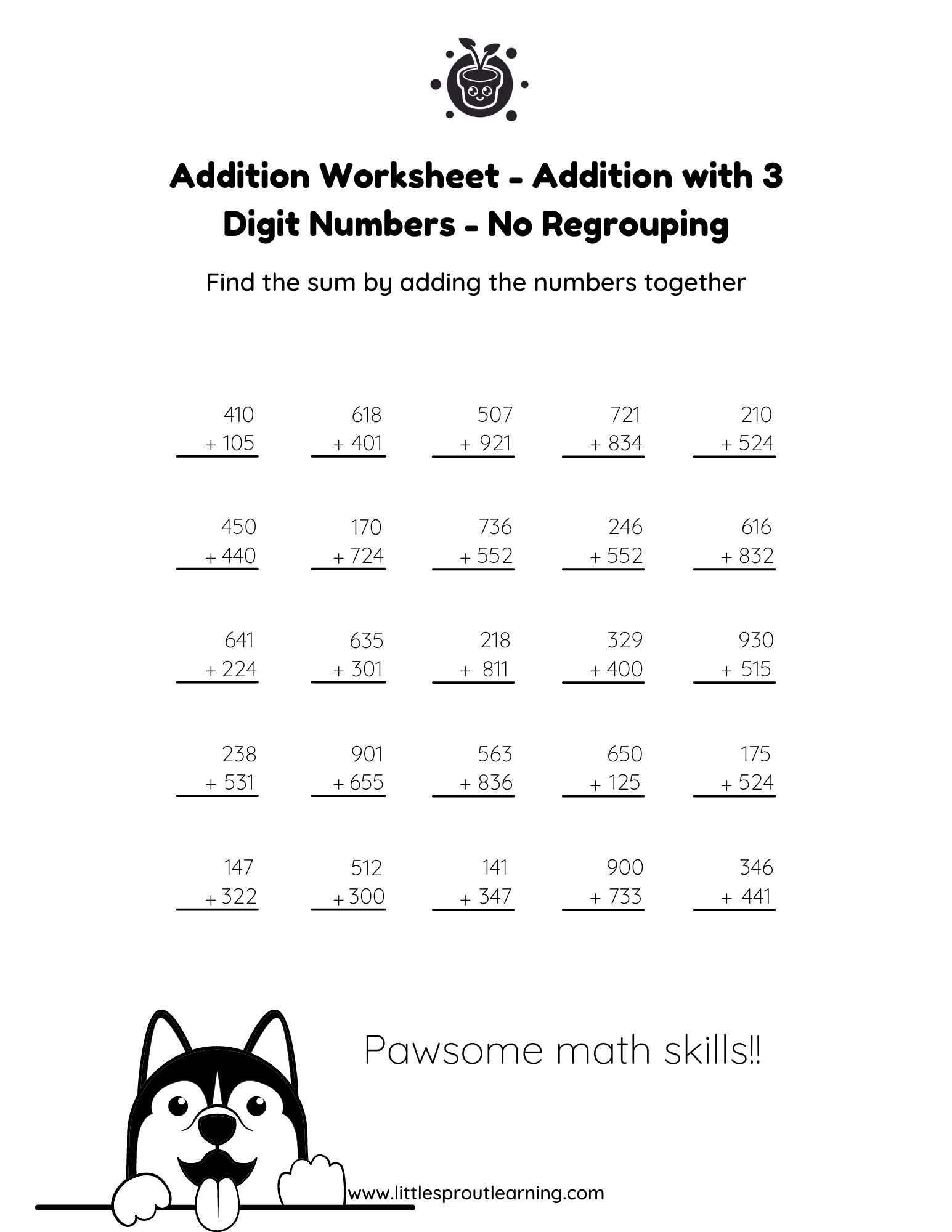 Addition Worksheet – Addition with 3 Digit Numbers