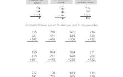 Adding in Columns – Adding Three 3 Digit Numbers (Regrouping) – Math Worksheet