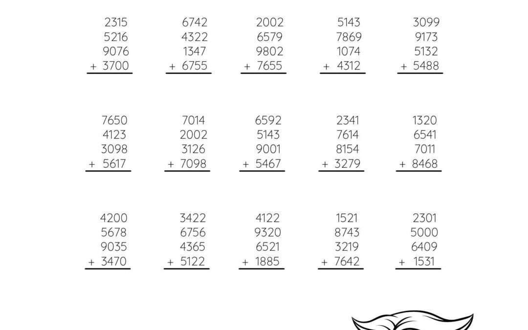 Math Practice Worksheet - Adding 4 four digit numbers in columns