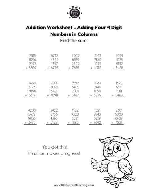 Adding Four 4 Digit Numbers | Little Sprout Art