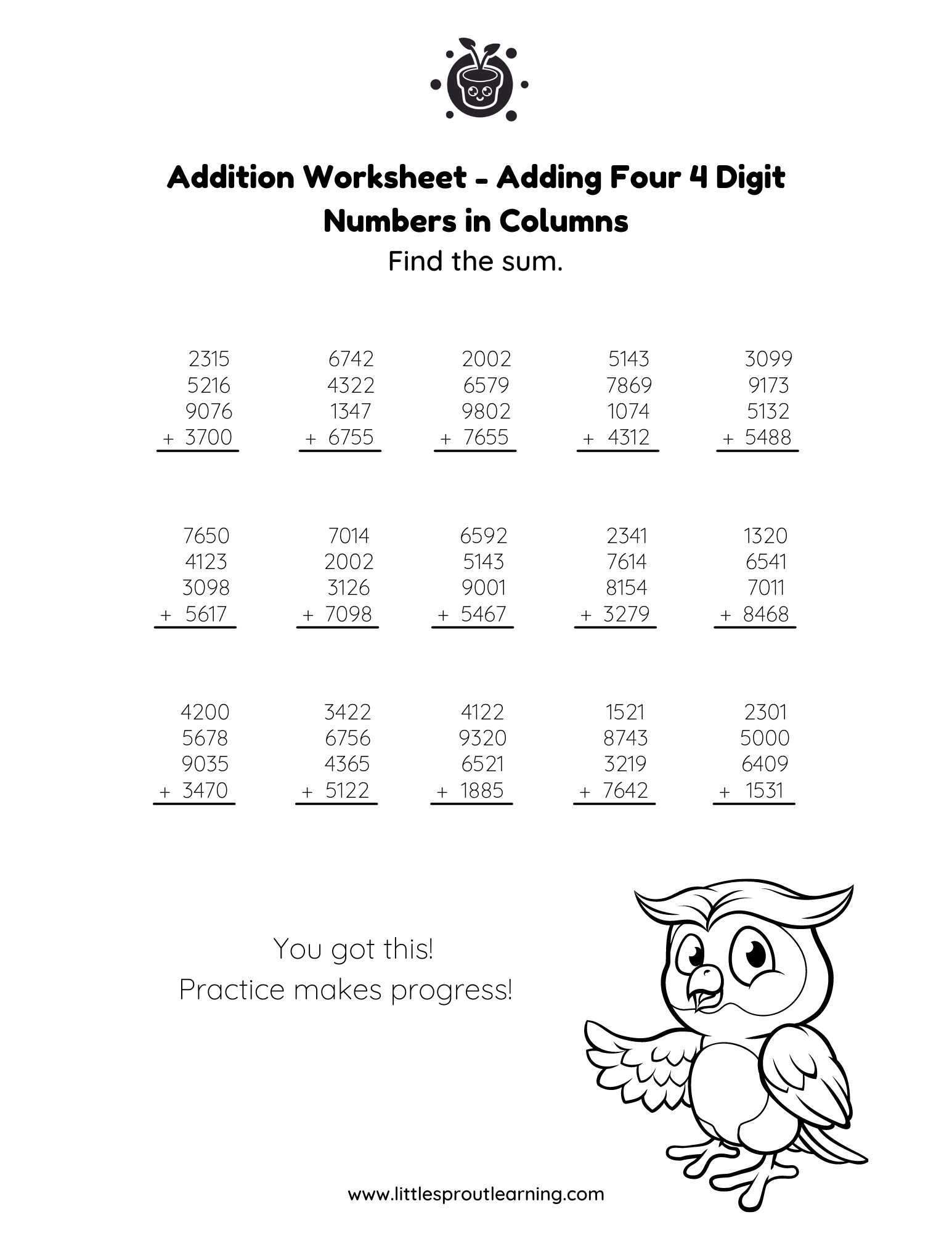 Math Practice Worksheet - Adding 4 four digit numbers in columns