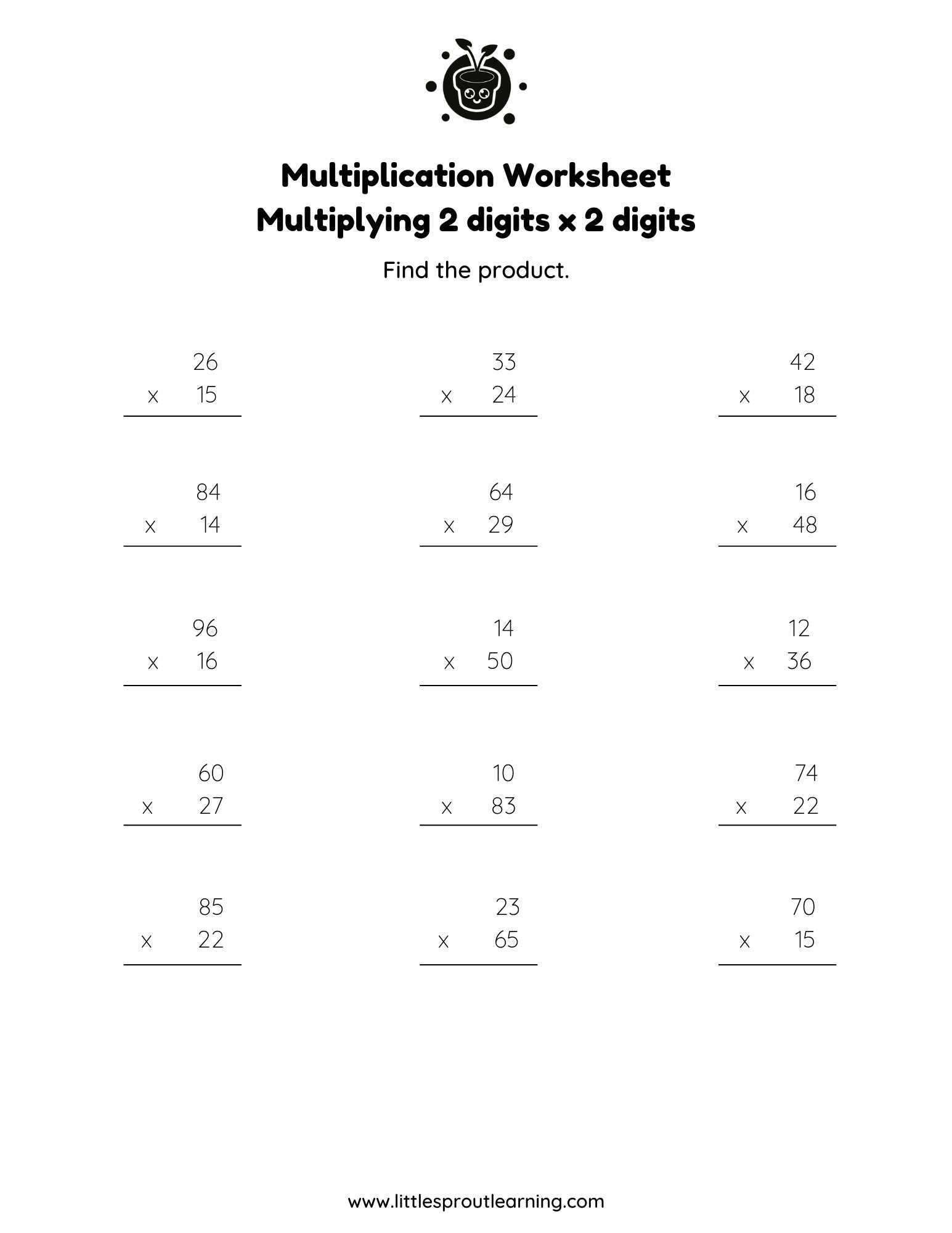 Multiplication Worksheet -Multiplying 2 Digit Numbers